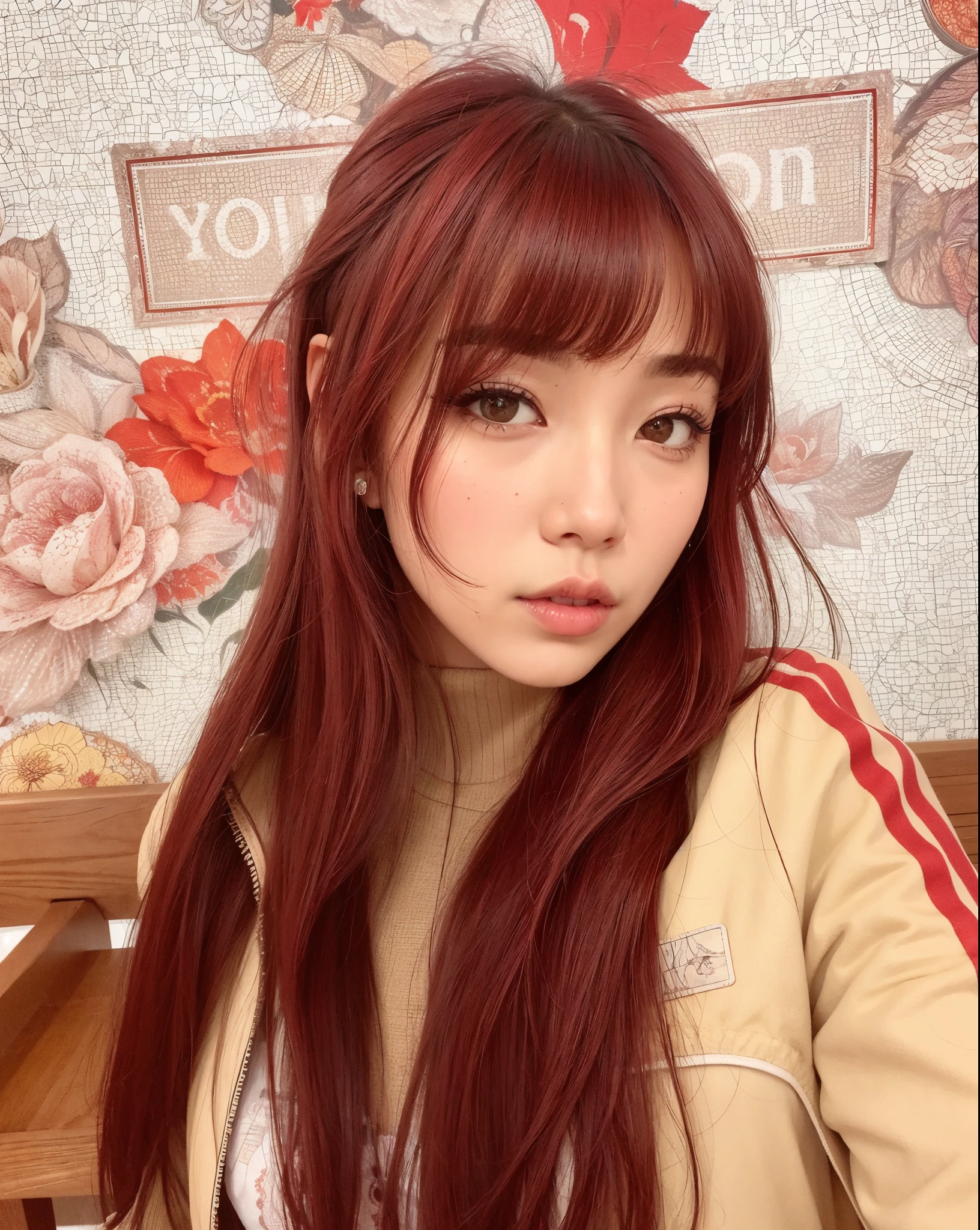 there is a woman com longos cabelos ruivos sitting on a bench, long hair com franja completa, long hair com franja, o corte Hime, com franja, com franja completa, com longos cabelos ruivos, Ulzzang, com cabelo ruivo, cabelos tingidos de vermelho, neat hair com franja, Lalisa Manobal, estilo de cor aya takano, por Ayami Kojima