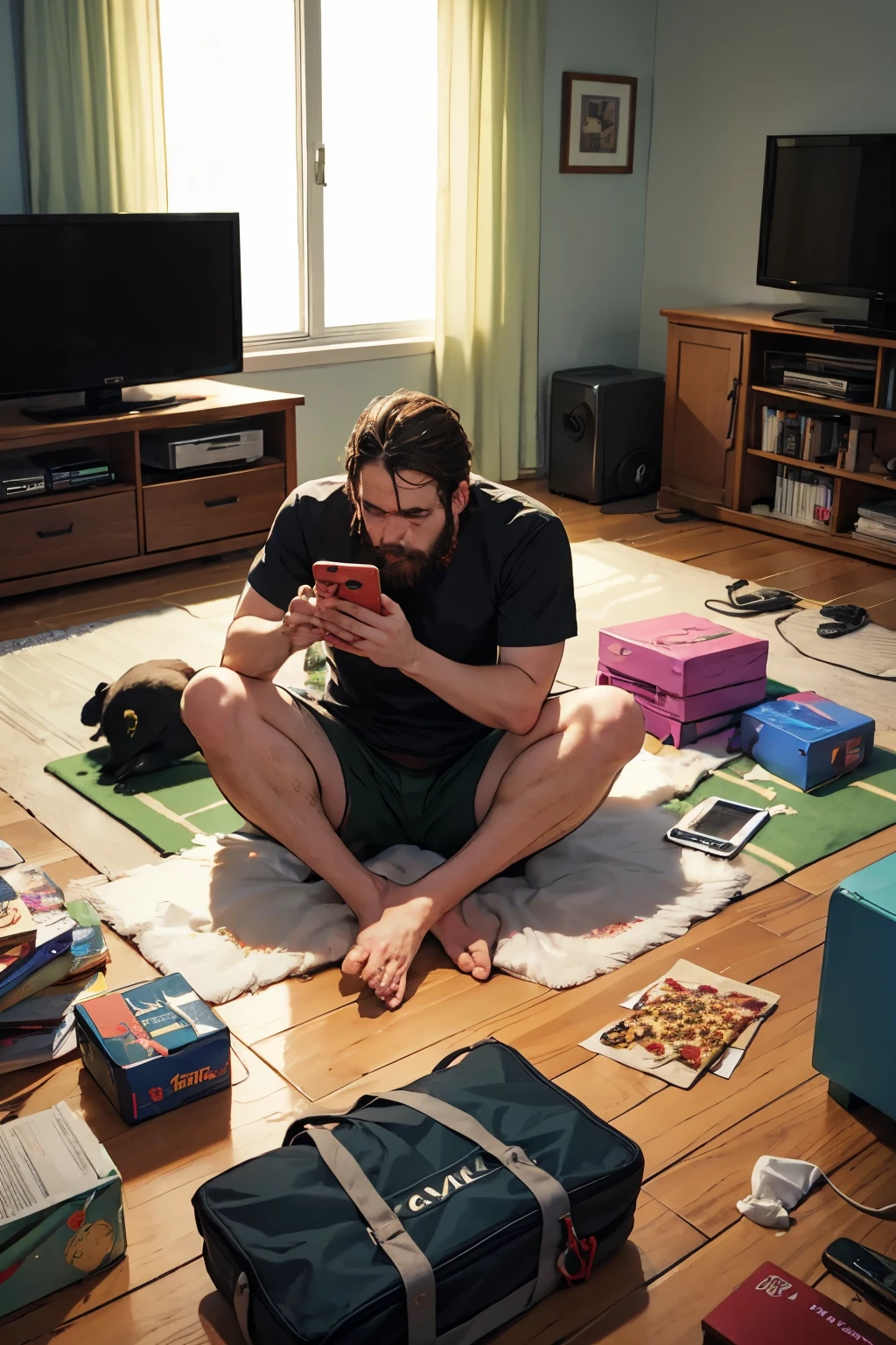 Bearded man sitting with cell phone in hand sad, messy room with pizza boxes thrown on the floor and rats eating, living room with the television on and all messy