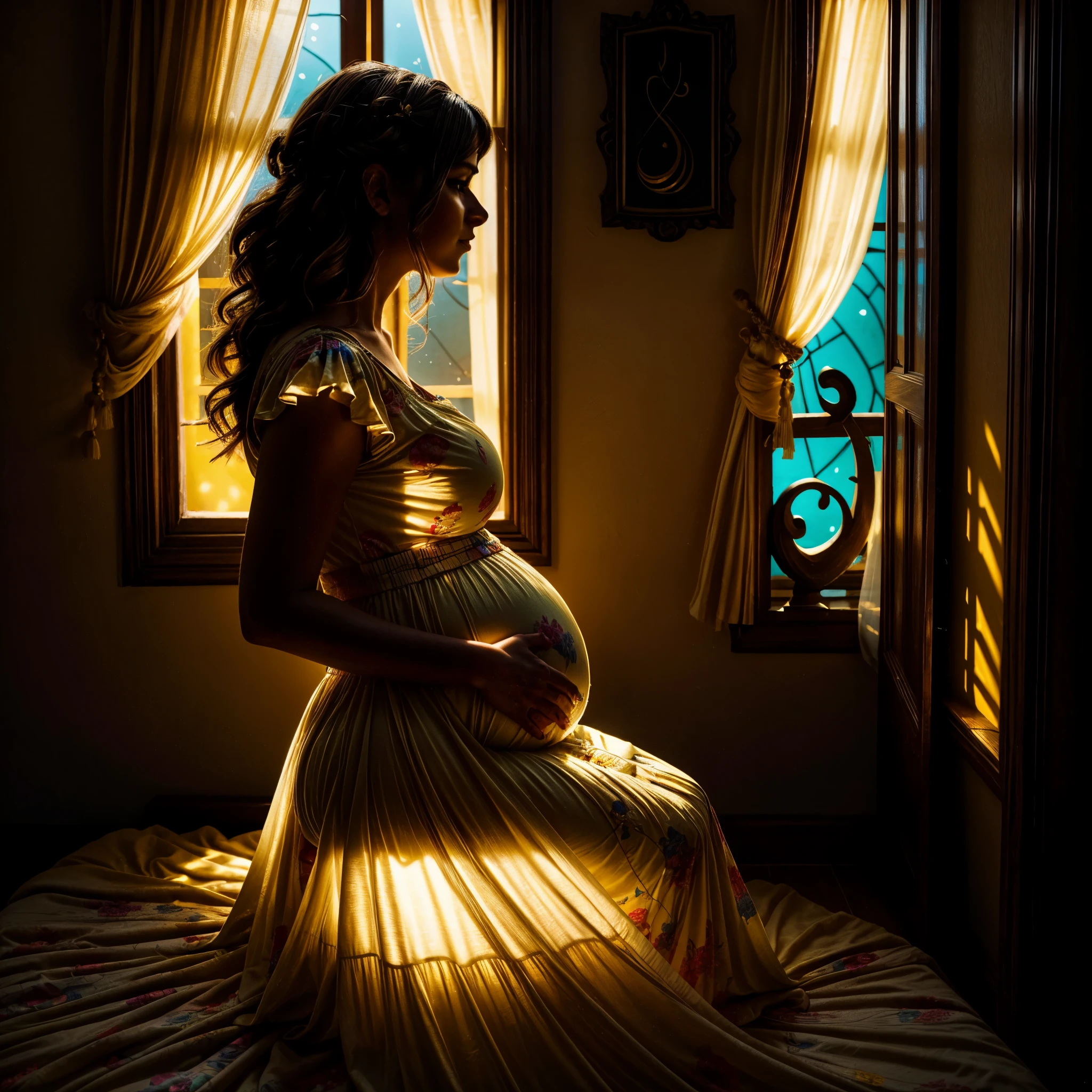 beautiful woman in diaphanous gown, nude underneath, standing in front of large window, facing the camera, legs apart, silhouetted, revealing her shape beneath the gown, intimate areas easily identifiable by shape, detailed face, beautiful eyes, long eyelashes, elegant pose, suggestive, enticing, intricate details, chiaroscuro lighting, cinematic composition, midday lighting, dramatic shadows, high contrast, photorealistic, ultra-detailed, 8k, hyper-realistic, masterpiece