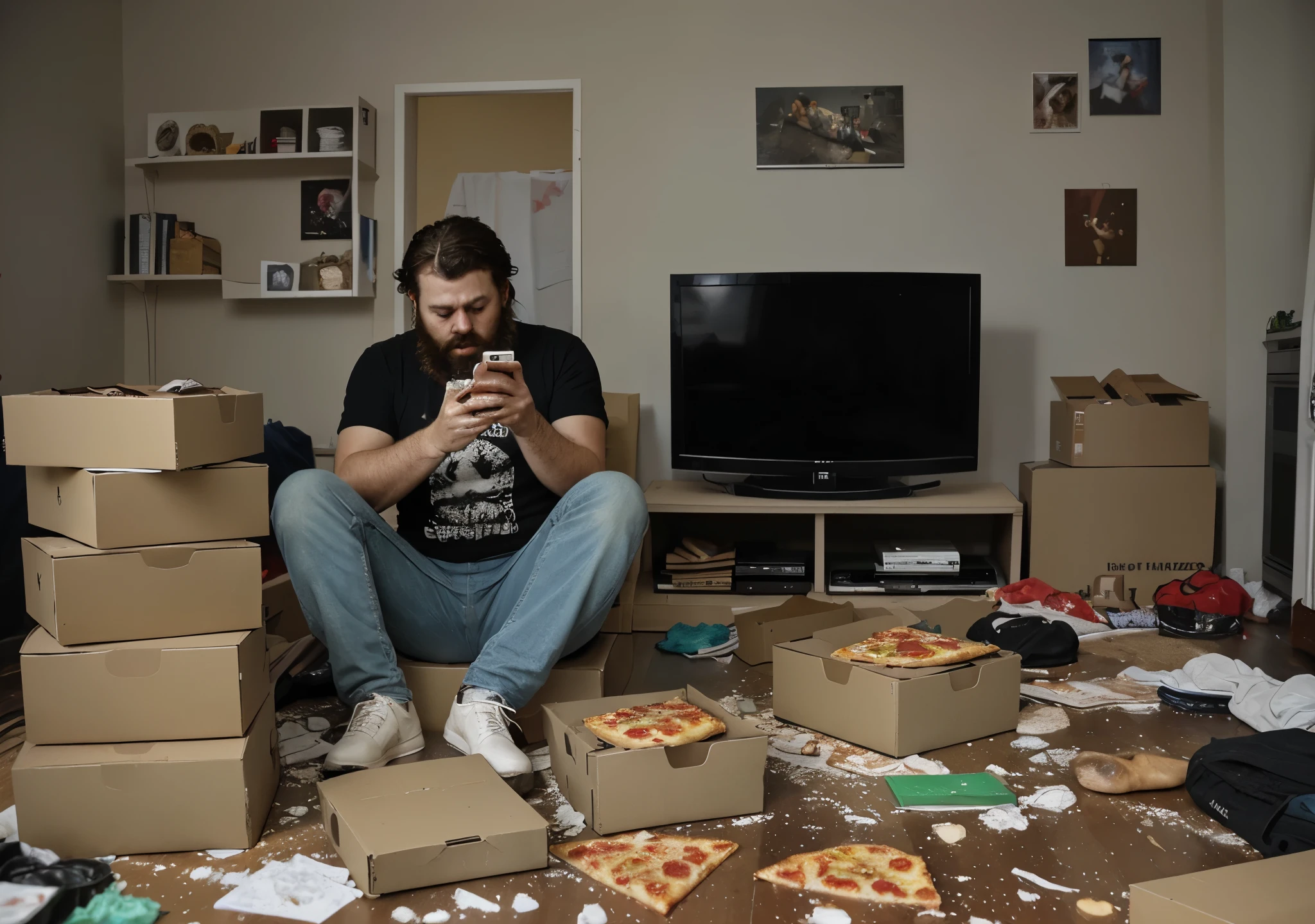 Bearded man sitting with cell phone in hand sad, messy room with pizza boxes thrown on the floor and rats eating, room with the television on and all messy dirty things and several boxes piled up around it and scattered