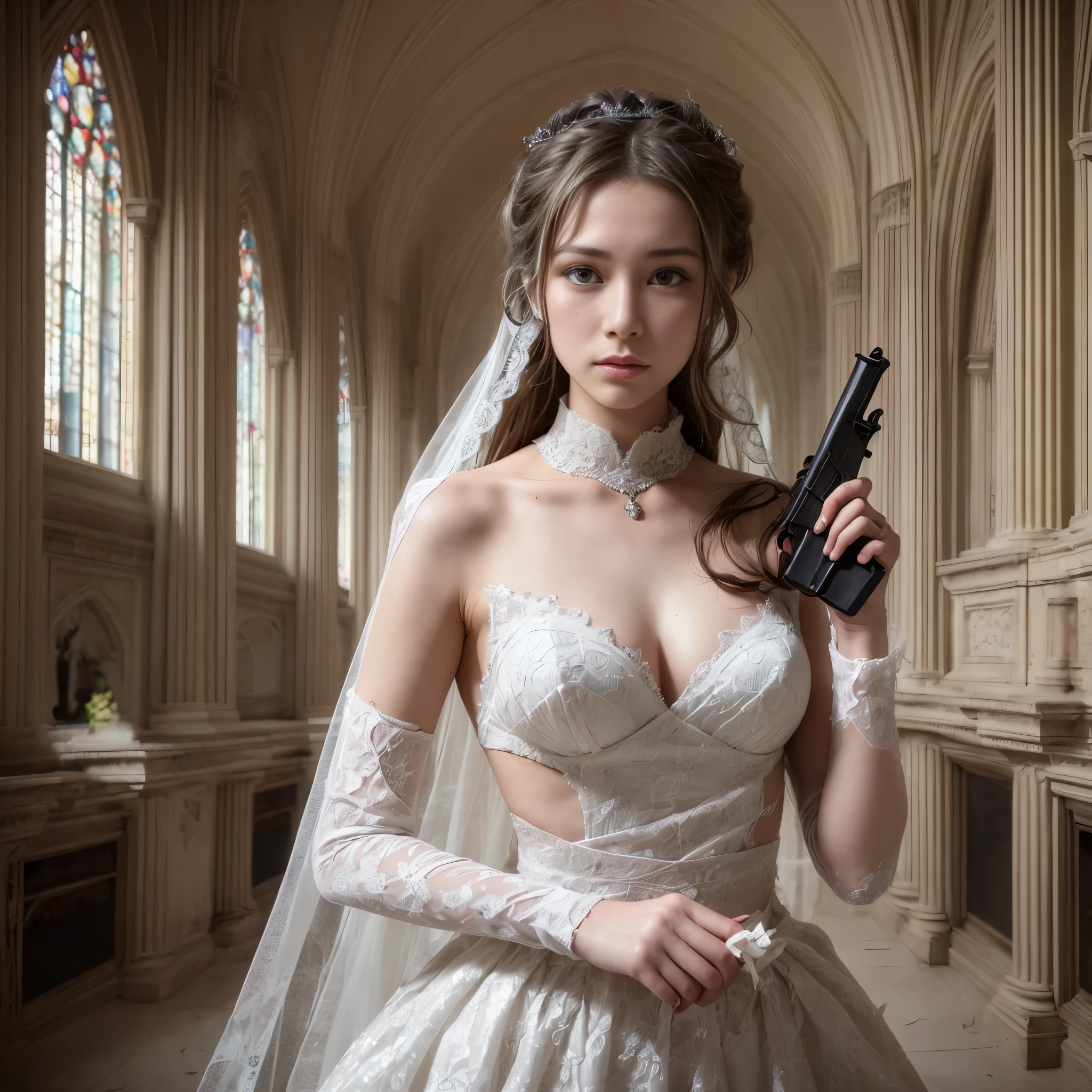(RAW photo:1.2), (realistic), beautiful detailed girl, very detailed eyes and face, beautiful and detailed eyes, huge file size, High resolution, very detailed, highest quality, [table top:1.6], shape, very detailed, small details, highest quality, 8k wallpaper, movie lighting,woman in a torn wedding dress, hold a gun and fight something, ruined cathedral, Fight bravely, Desolate world, Nipples visible through torn wedding dress, I can see white pants, dark mysterious cathedral, look of fear, slender body, young face, immature body, nipples exposed, small nipples, white high heels