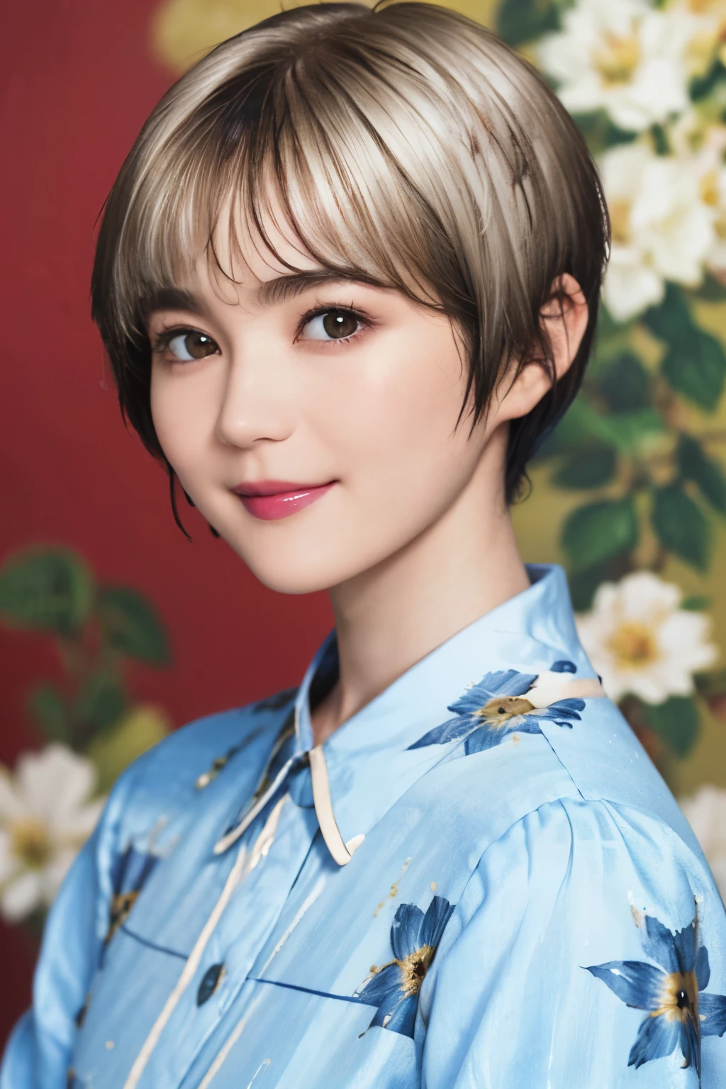 151
(20 year old woman,Floral clothing), (Super realistic), (high resolution), ((beautiful hairstyle 46)), ((short hair:1.46)), (gentle smile), (brest:1.1), (lipstick)
