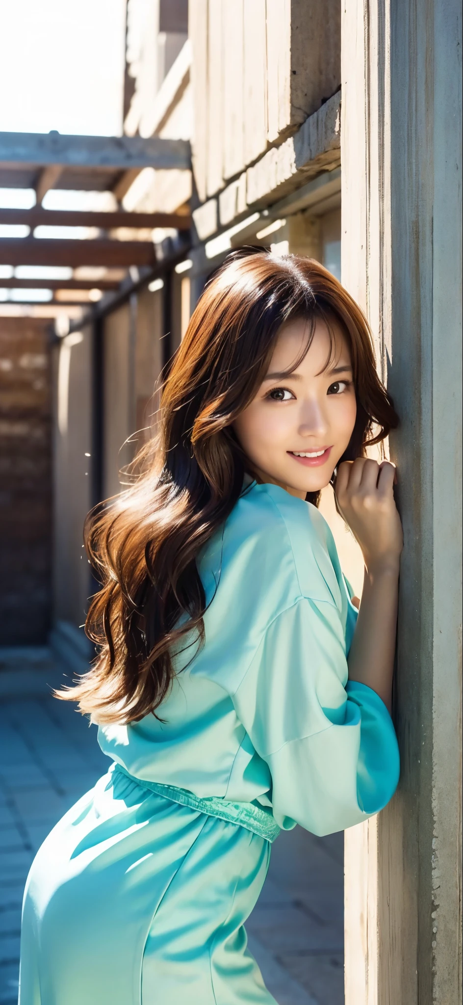  (best light: 1.2, cute japanese girl: 1.2, [white dress: 1.3], whole body, beautiful dance moves, light brown long hair、cosmetic poster level,  elegant and colorful: 1.1, bright and moving: 1.1, [super detailed: 1.2 + dynamic pose + delicate: 1.2],), small breasts, smile gently、And the wall in the background is punched concrete