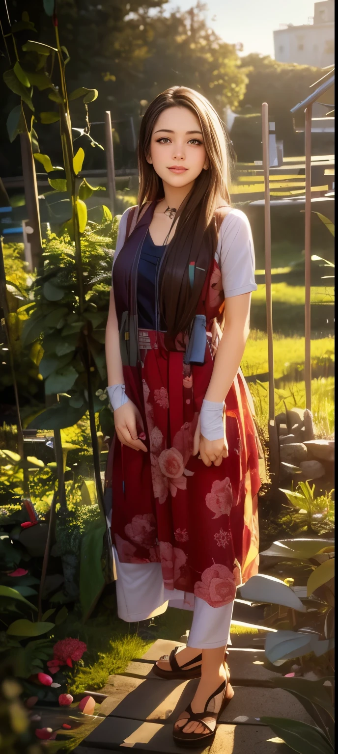 18-year-old beautiful girl，With a square face，affectionate smile，brunette color hair，cold light，close up of face，Summit of Mt，the woods，Pull by hand，small stream，grass field ，Stand next to the camellia，Choosing flowers by hand，hight resolution