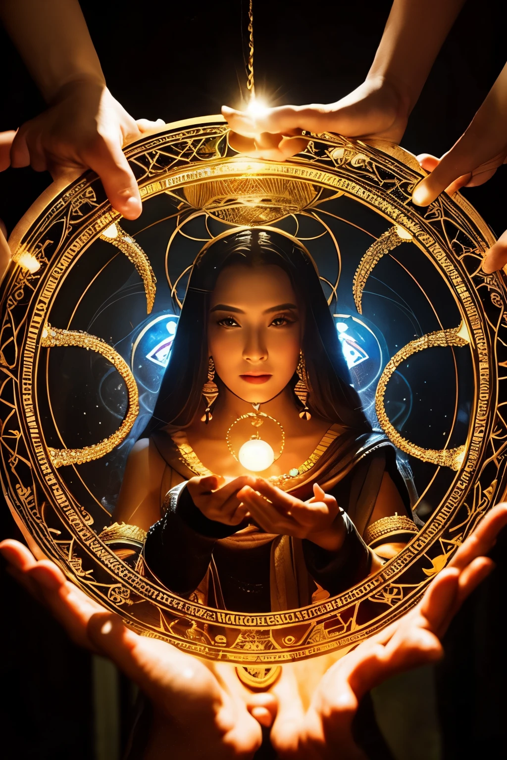 A mysterious, goddess-like female fortune teller ,Wearing multiple layers of circlets and necklaces、Holding his hand over a large crystal ball,A room that feels like another dimension where light and shadow intertwine,lots of fortune telling tools、Magic circle A complex geometric pattern drawn with dazzling light that fills the background