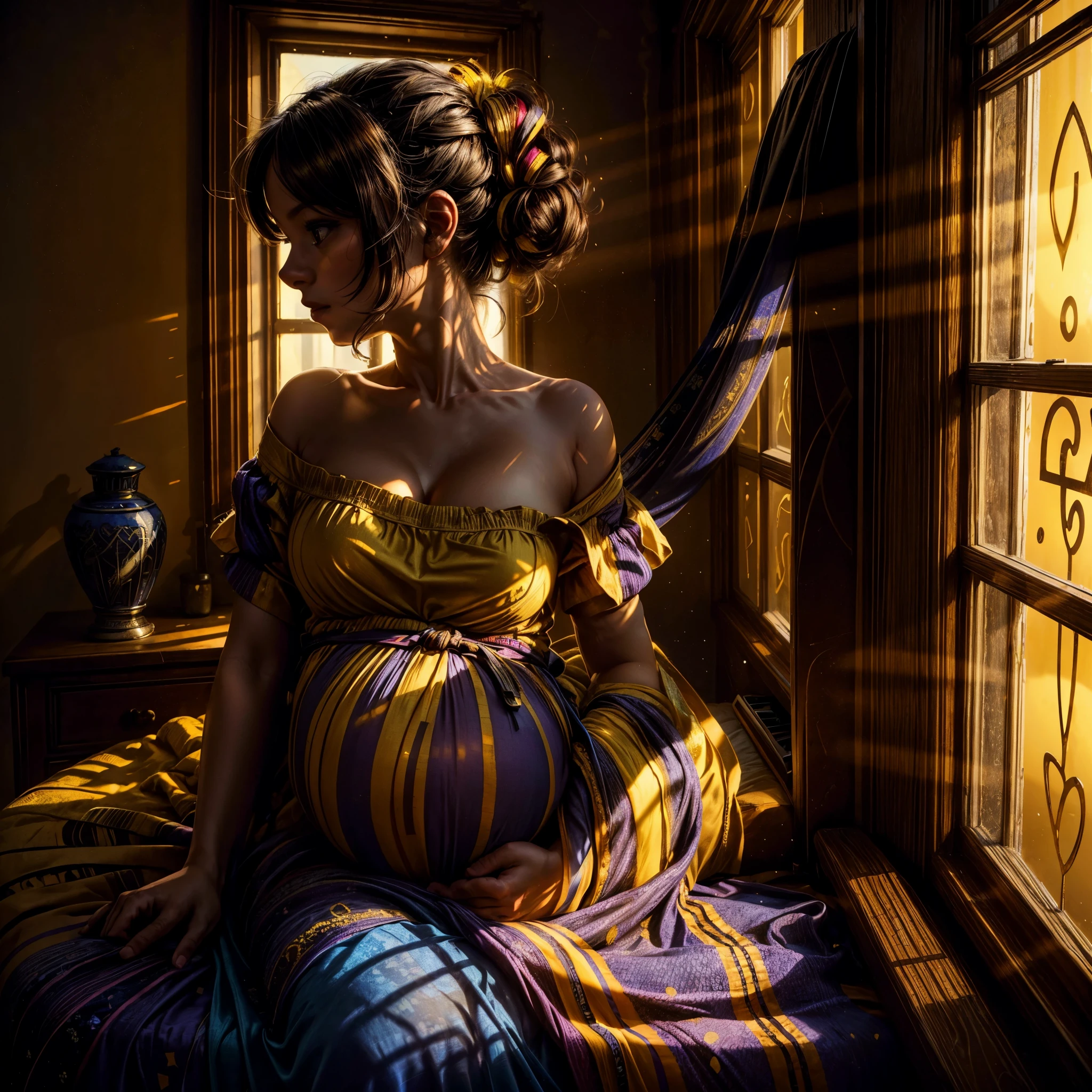 high details, best quality, 16k, [ultra detailed], masterpiece, best quality, (extremely detailed), a picture of beautiful pregnant woman sitting in her room, near the window, the woman is wearing a colorful dress, caressing her belly, silhouette
 GlowingRunes_yellow, soft cinematic light