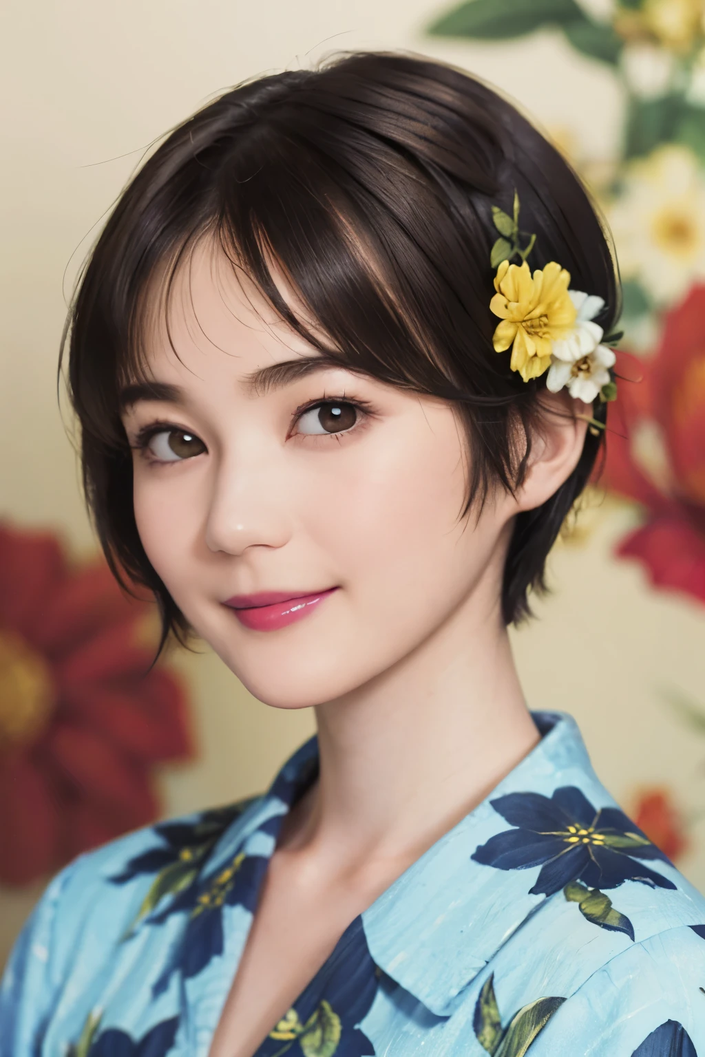 151
(20 year old woman,Floral clothing), (Super realistic), (high resolution), ((beautiful hairstyle 46)), ((short hair:1.46)), (gentle smile), (brest:1.1), (lipstick)