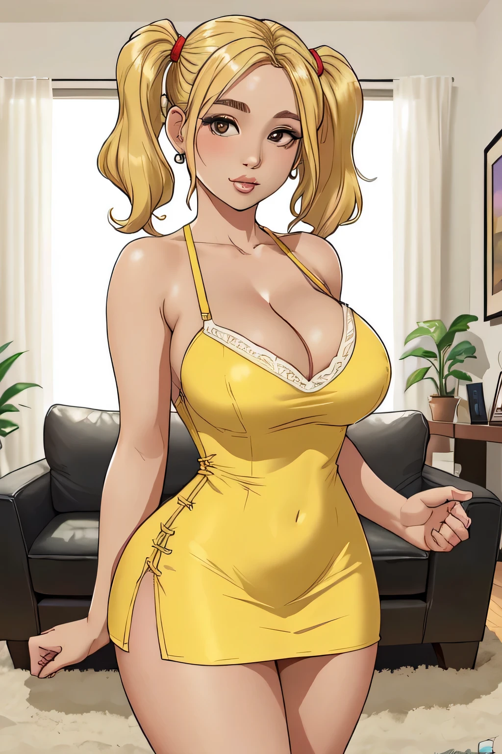 ((melhor qualidade)), ((obra de arte)), (4k)), ((UHD)), (detalhado), big , cleavage, mini dress, blonde girl, pigtails hair, living room,