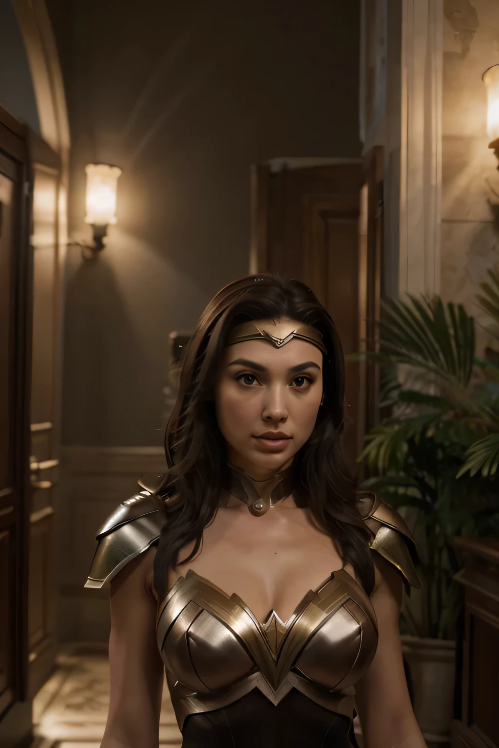 High resolution 4k, ultra detallado, HD, hyperrealistic cinematography, Solo, 1 chica hermosa en donde se destaca la espalda y el culo, the girl is brunette with brown eyes, mujer similar a megan foz y gal gadot en lenzeria de encaje.
