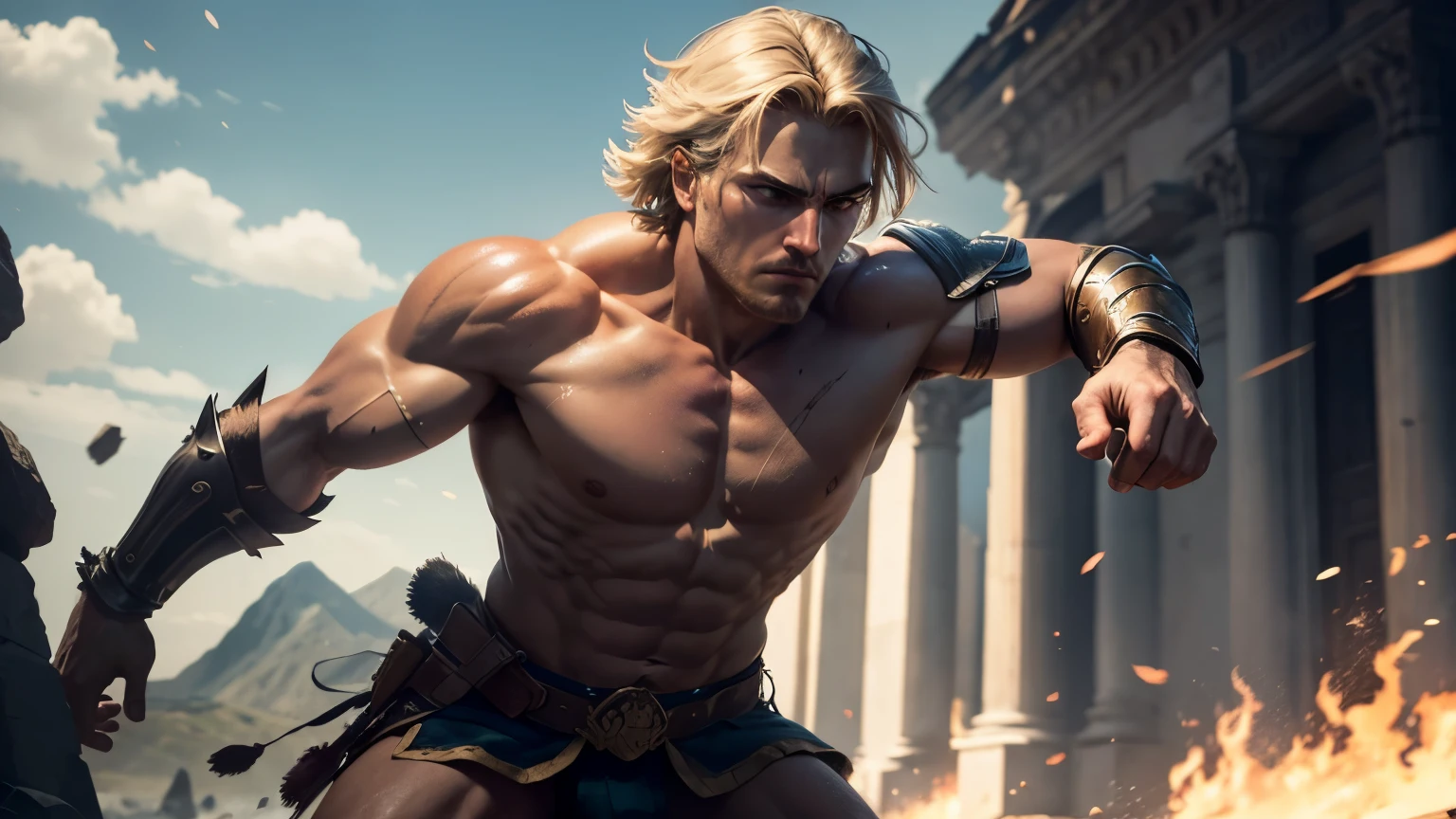 Explore the legendary warrior Achilles, his movements swift and graceful as he navigates the battlefield, his powerful strikes leaving a trail of destruction in their wake