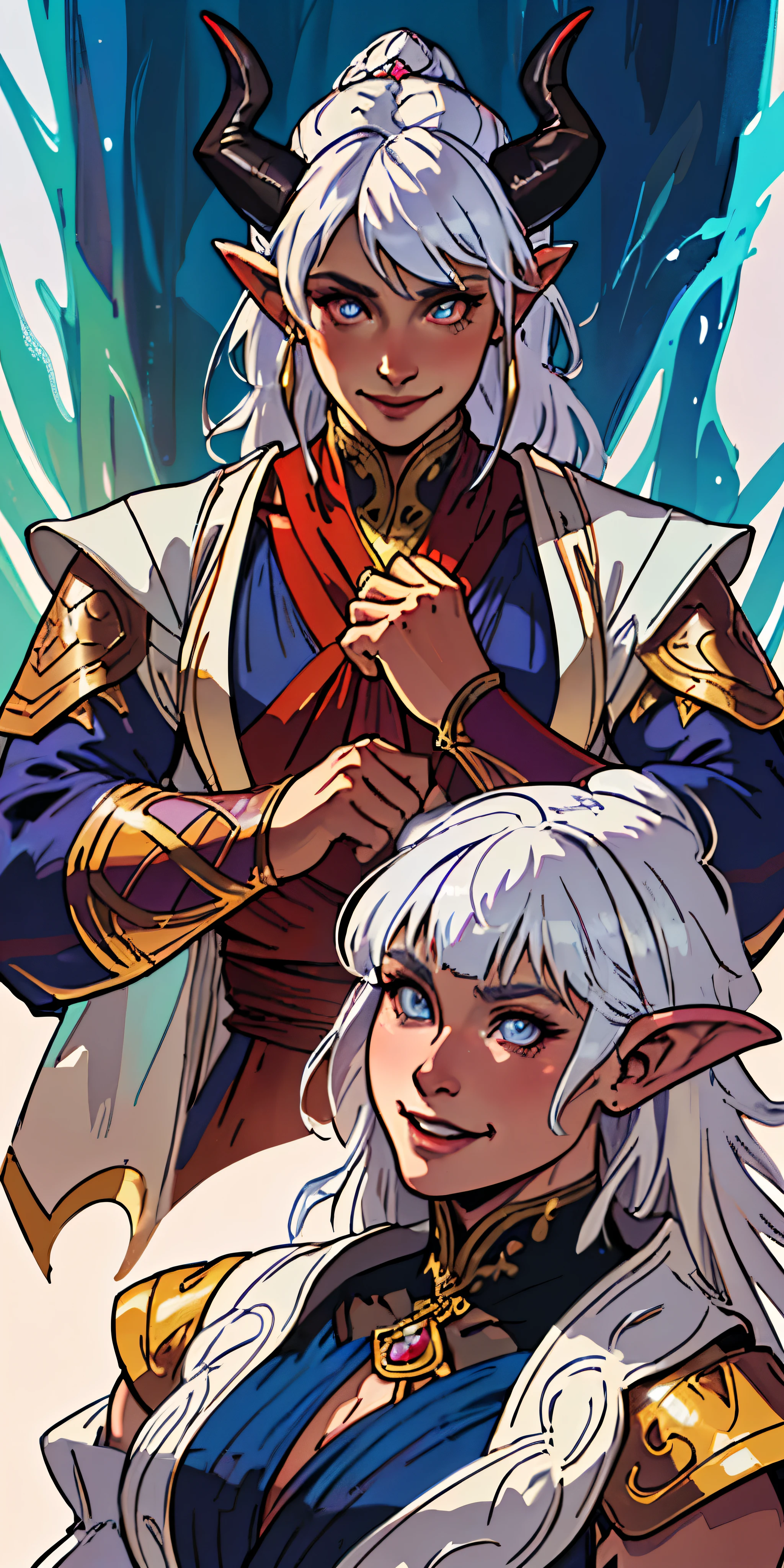 ultra realistic illustration, fantasy, dungeons & dragons, Middle aged woman, tiefling, horns, exotic white hair, monk, demon eyes, intricate, elegant, highly detailed, digital painting, artstation, concept art, sharp focus, illustration, art by artgerm and greg rutkowski and alphonse mucha, happy, smiling