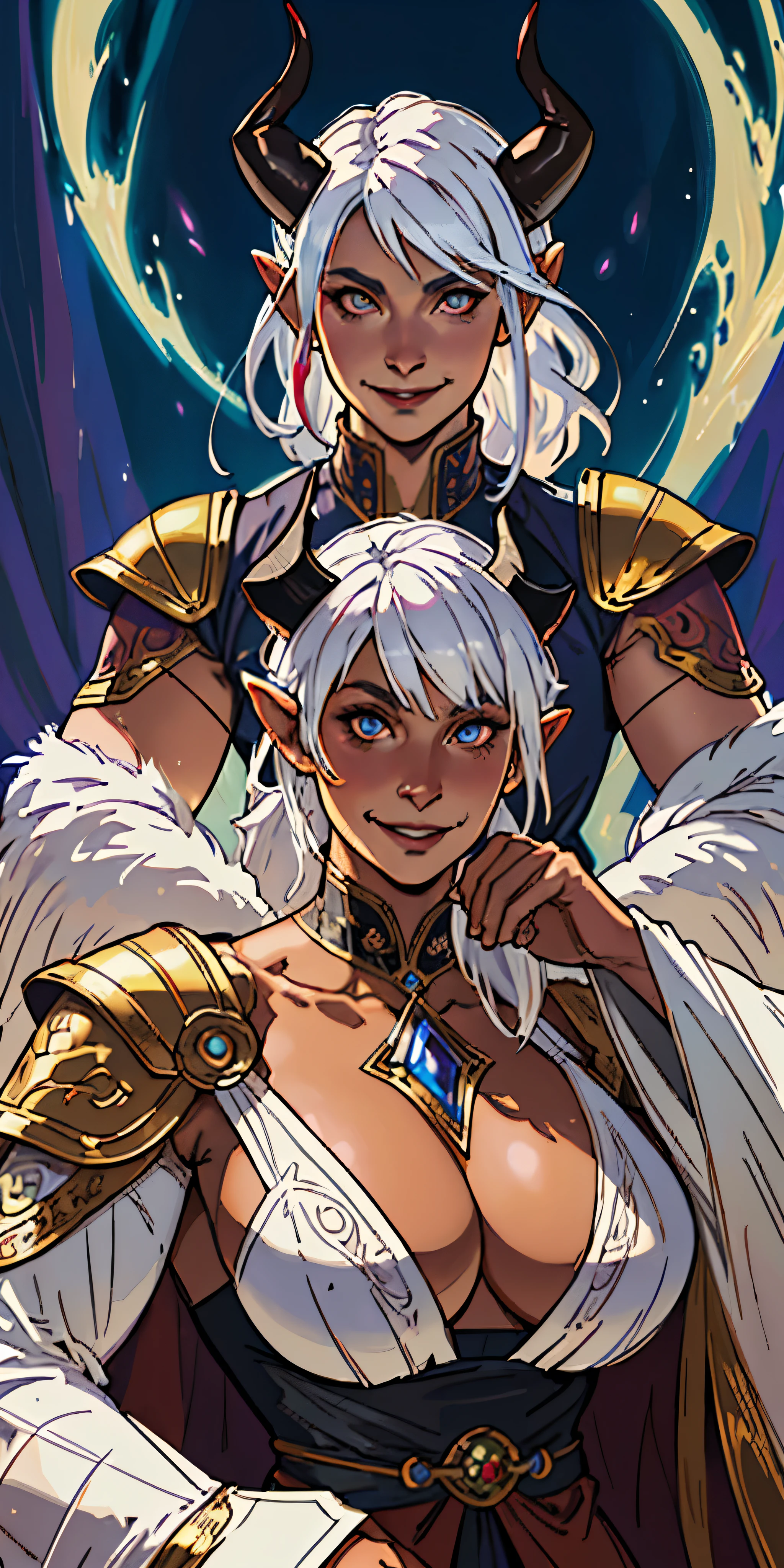 ultra realistic illustration, fantasy, dungeons & dragons, Middle aged woman, tiefling, horns, exotic white hair, monk, demon eyes, intricate, elegant, highly detailed, digital painting, artstation, concept art, sharp focus, illustration, art by artgerm and greg rutkowski and alphonse mucha, happy, smiling
