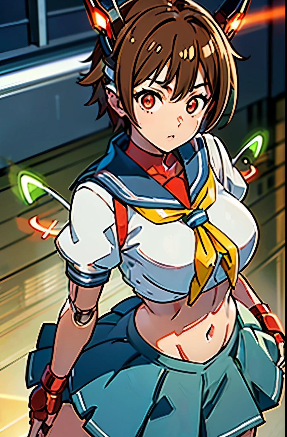 1girl solo,Standing depiction、(Large symmetrical mechanical wings:1.6)、((kasugano sakura:1.3))、(Symmetrical mechanical headgear:1.6)、Beauty Cyborg, Cyborg - beautiful woman with brown short bob hair perfect anime cyborg woman, cute cyborg beauty, beautiful cyborg beauty, cyborg girl, (Perfect android beauty), (perfect cyborg woman), (Cyborg - Girl), (beautiful female cyborg)、 beautiful white girl cyborg, beautiful female android, Beautiful and attractive female cyborg、walk、full body description、(Mechanical sailor suit:1.5)、(mechanical ruffle skirt:1.5)、((Combat readiness))、(Glowing red mechanical eyes:1.9), brown hair, short hair, bangs, Ahoge,(head band), ((Gray uniform:1.4)), puffy sleeves, crop top, yellow neckerchief, ((gray skirt:1.4)), fingerless gloves, thighs thighs thighs, white socks, red footwear,Expressionless、(table top, highest qualityの, highest quality, beautiful and aesthetic: 1.2), very detailed, more detailed,Proper body proportions,table top,Super high quality output image,High resolution,intricate details,very delicate and beautiful hair,realistic pictures,dream-like,professional lighting,realistic shadow,focus only,Anime one、finding stance, punching, finding,raise one leg、cel anime