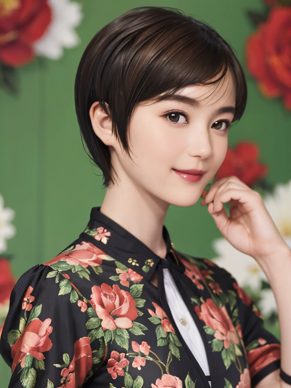 151
(20 year old woman,Floral clothing), (Super realistic), (high resolution), ((beautiful hairstyle 46)), ((short hair:1.46)), (gentle smile), (brest:1.1), (lipstick)