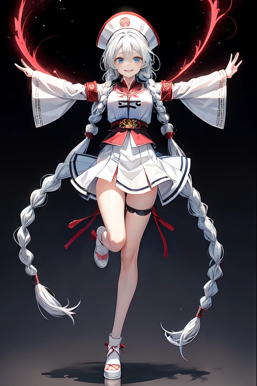 a female anime character that has blue eyes and white hair on a black background, 1girl, solo, red eyes, smile, braid, looking at viewer, outstretched arms, hat, standing on one leg, twin braids, full body, jiangshi, skirt, long hair