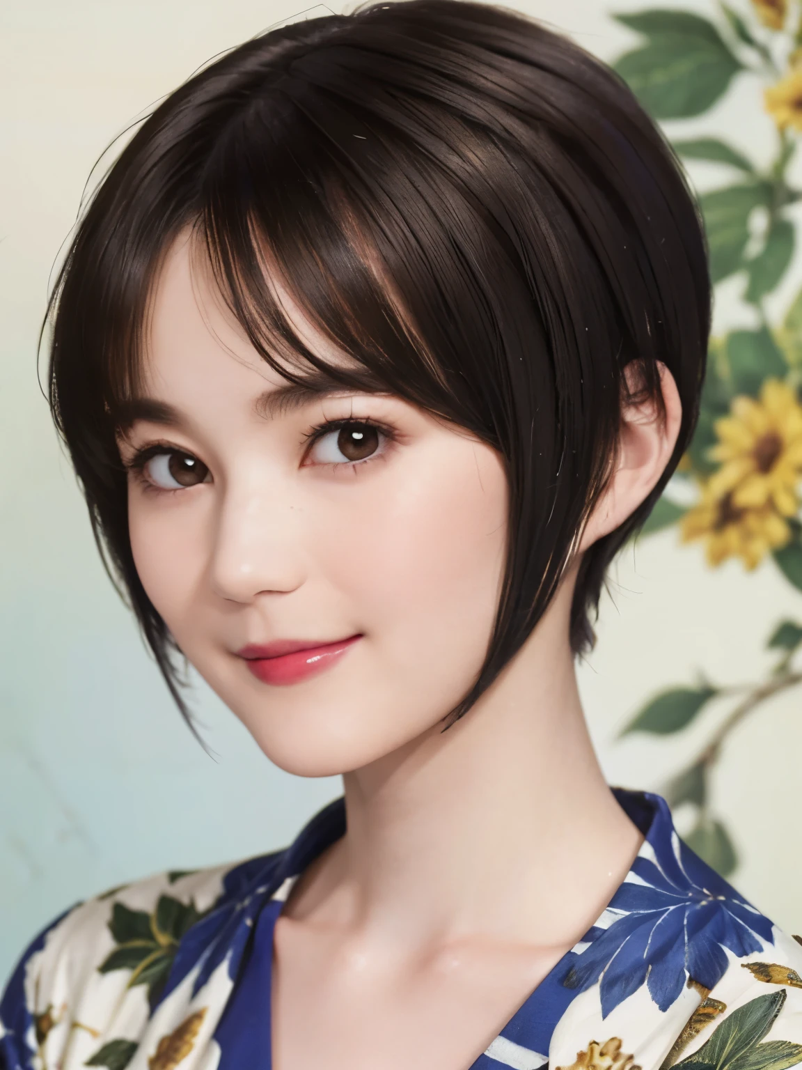 151
(20 year old woman,Floral clothing), (Super realistic), (high resolution), ((beautiful hairstyle 46)), ((short hair:1.46)), (gentle smile), (brest:1.1), (lipstick)