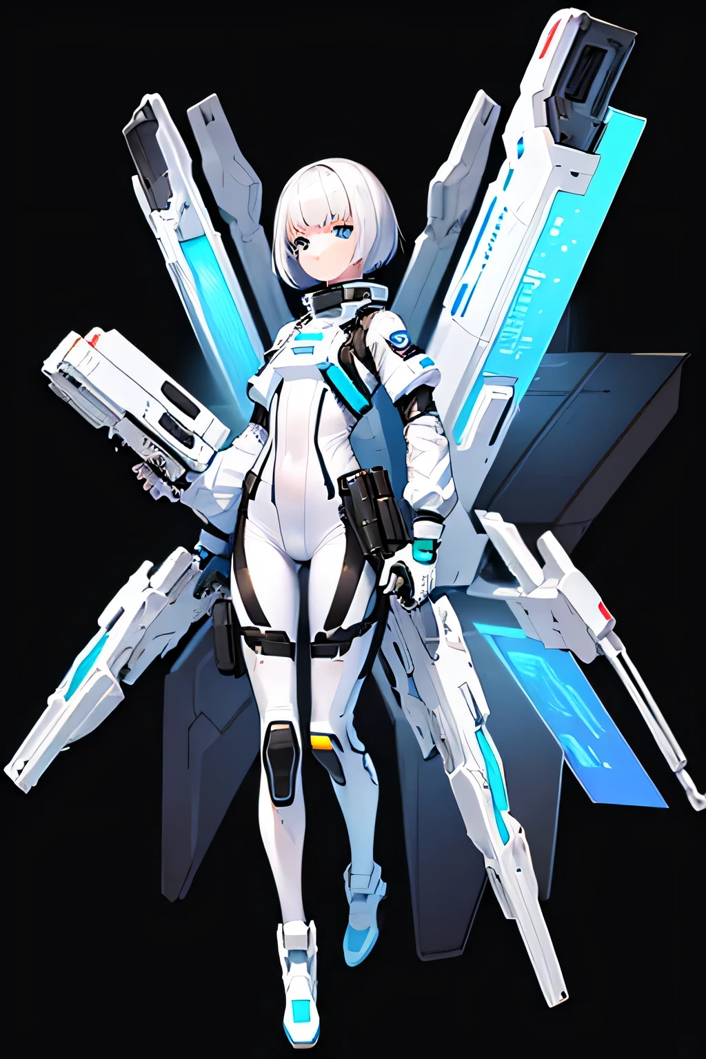 ((girl with white short hair)), ((transparent SPACE SUIT)), ((technological gun in hands)), (full body))