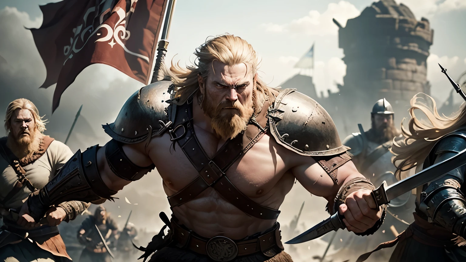 Witness the fierce and unyielding strength of the viking warrior Bjorn Ironside as he leads his warriors into battle, his eyes blazing with determination and his sword raised high.