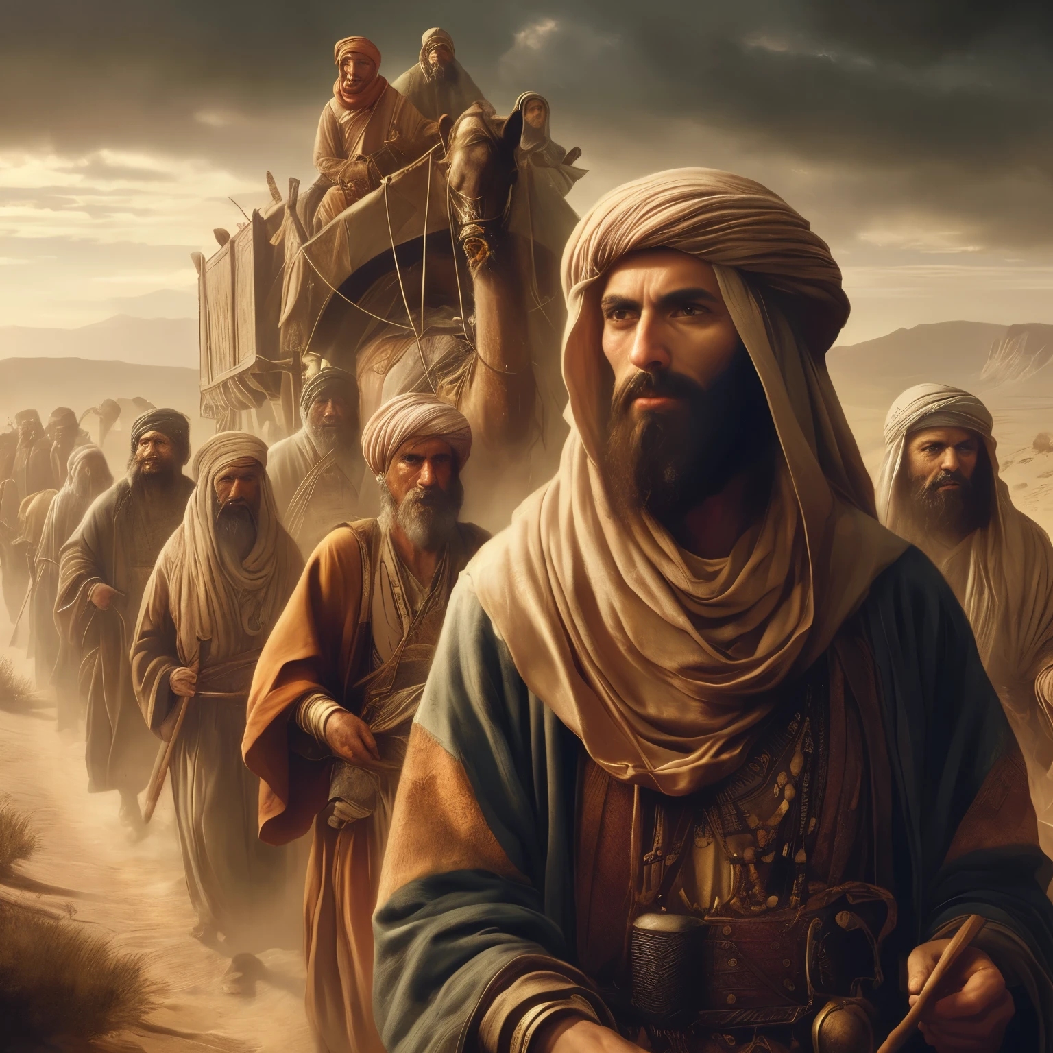 homem arafado com barba e barba com turbante lidera um grupo de homens em um camelo, portrait of bedouin d&d, comerciantes em fuga, por Krzysztof Boguszewski, Orientalista, Orientalismo, papel de parede - 1 0 2 4, por Artur Tarnowski, Direction: Darek Zabrocki