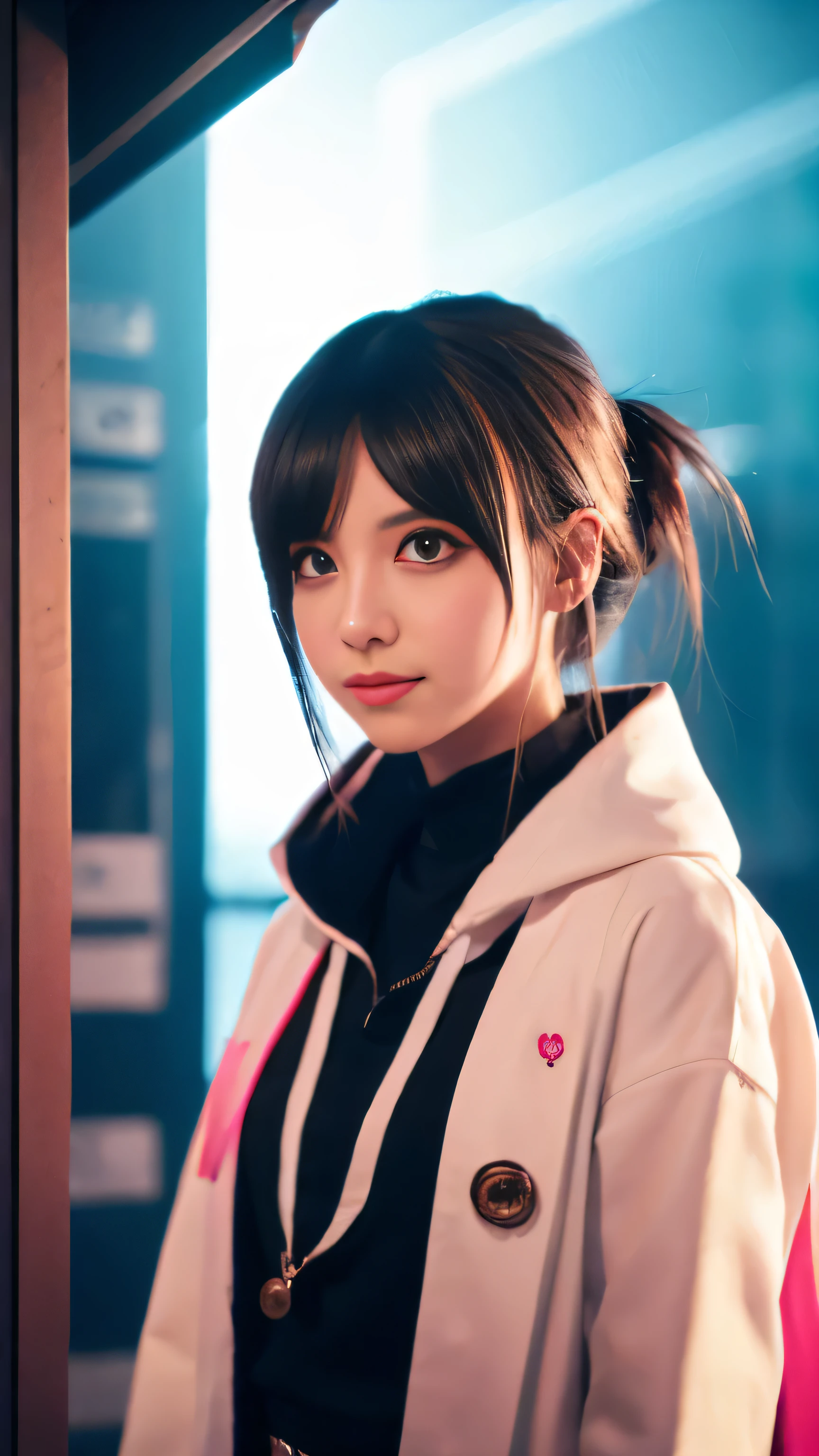 Mioda Ibuki /(Danganronpa/), bank ultra-detailed, masterpiece, illustration, 8k, masterpiece, realistic shadows, wind, gradient, volumetric lighting, cute, ambient lighting, colorful, glowing particles, beautiful detailed eyes 1girl, solo, (original outfit), dungeon background, blue and pink mage outfit, cloak, magic, fantasy