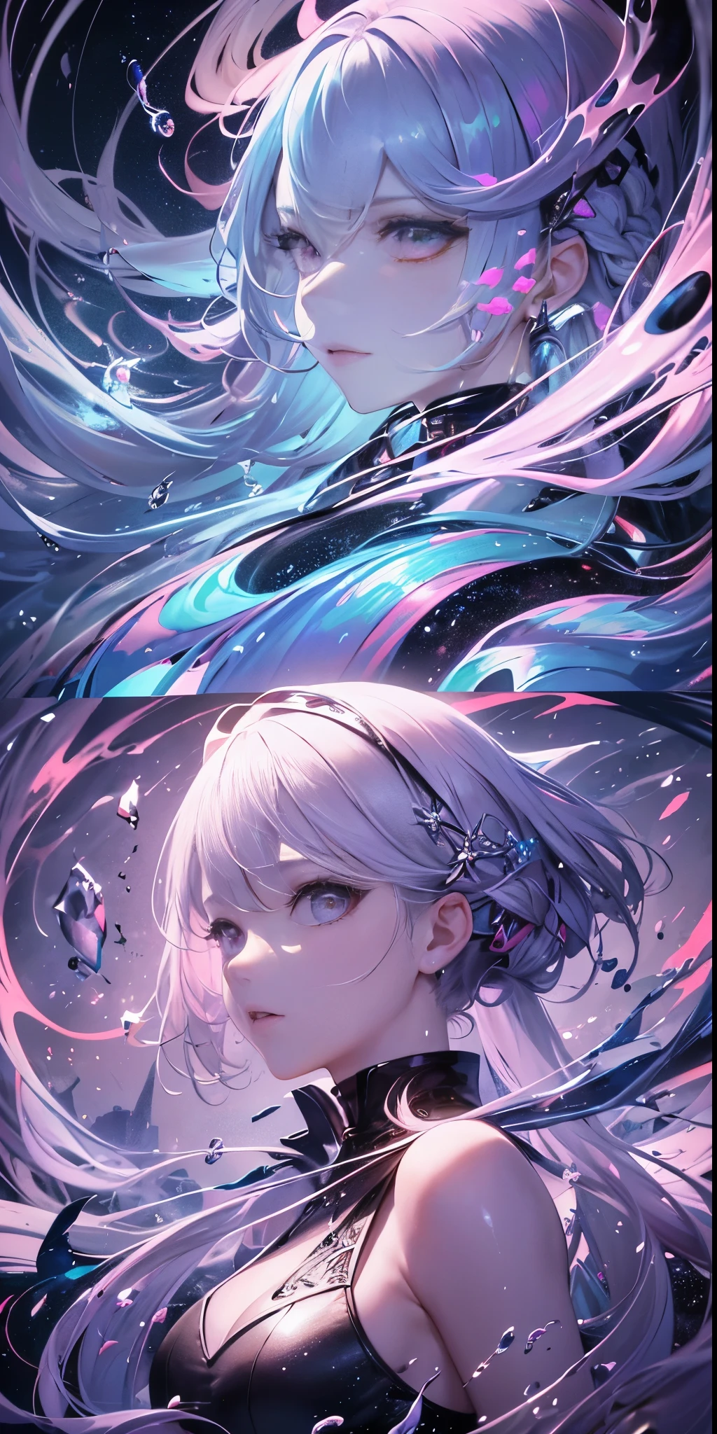 (masterpiece, highest quality, highest quality,watercolor )(Moderate),official art, beautiful and aesthetic:1.2),(1 girl:1.3), (fractal art:1.3),Upper body, From the side, looking at the viewer,pattern,(rainbow color hair,colorful hair,half blue and half pink hair:1.2),water,liquid, cloud,colorful, Starry,performer,close, big eye, eye, complex eye, unique students, Unusual pupils,Starry sky, performer in the background, shining halo,((Ultra detailed retina:1.5)),embarrassing, (abdomen),((ultra detail eye:1.5)),((Highly detailed CG Unity 8K wallpaper,masterpiece, highest quality)), ((super detailed:1.5)),(best illumination, best shadow, very delicate and beautiful),(Highly detailed CG Unity 8K wallpaper,masterpiece, highest quality, super detailed),(best illumination, best shadow, very delicate and beautiful),(perfect body: 1.5),(masterpiece), Amazingly surreal, Abstract imagination, dynamic movement, digital art, otherworldly, bursts of color, explosive energy, chaotic beauty, (Figure 1 - ambiguous gender), (flowing hair:1.2, hair shines), (the body is distorted:1.5, Fragmented body), (The face is hidden:1.2, Half hidden), (background: roto, pink々Became, fractured), (light: flickering, ripple, emissive).