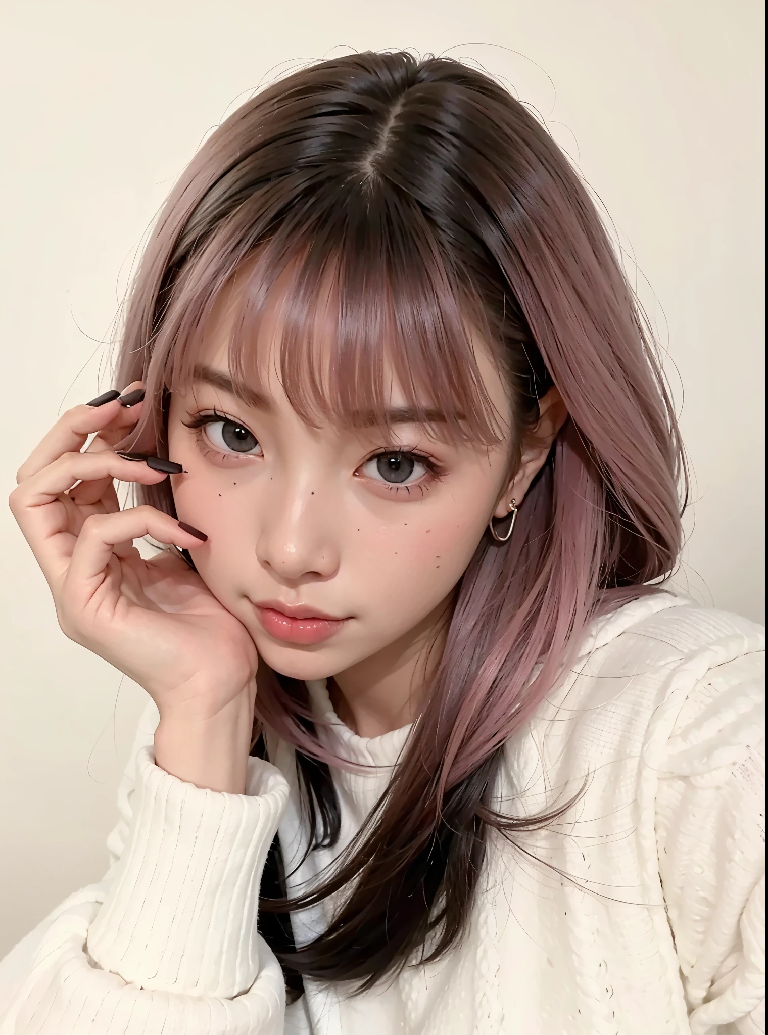 arafed woman com cabelo rosa and a white sweater holding a cell phone, com cabelo rosa, Ulzzang, o corte Hime, cabelo de duas cores, cabelo twintail rosa e olhos ciano, e - garota, e-garota, cabelo preto com franja, Retrato de Jossi do Blackpink, chiho, cabelo liso rosa, sakimichan