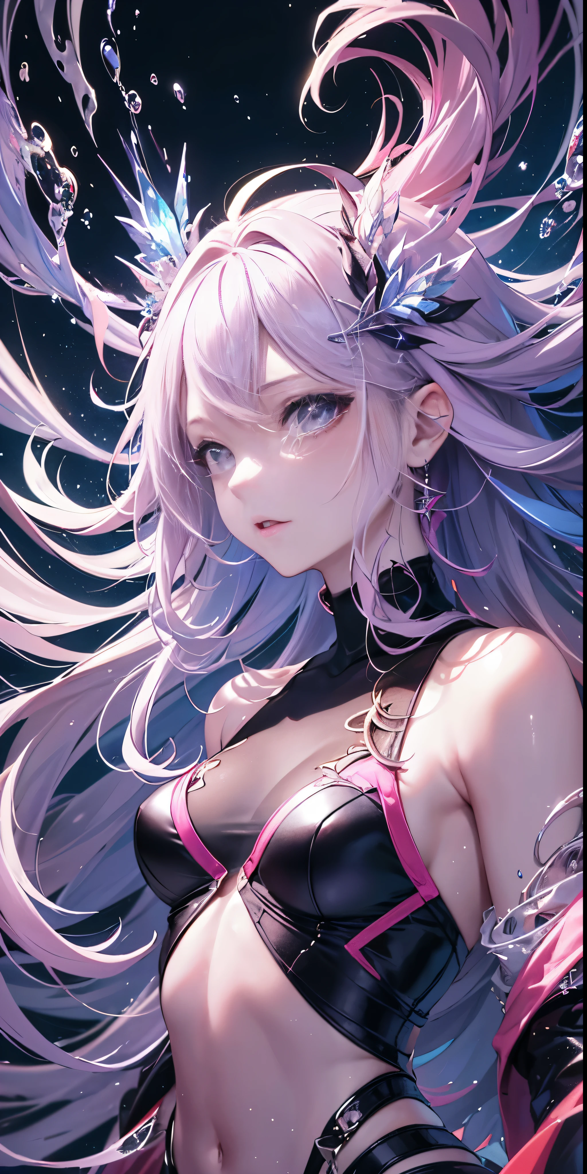 (masterpiece, highest quality, highest quality,watercolor )(Moderately),official art, beautiful and aesthetic:1.2),(1 girl:1.3), (fractal art:1.3),Upper body, From the side, looking at the viewer,pattern,(rainbow color hair,colorful hair,half blue and half pink hair:1.2),water,liquid, cloud,colorful, Starry,performer,close, big eye, eye, complex eye, unique student, Unusual pupils,Starry sky, performer in the background, shining halo,((Ultra-detailed retina:1.5)),embarrassing, (abdomen),((ultra detail eye:1.5)),((Highly detailed CG Unity 8K wallpaper,masterpiece, highest quality)), ((Super detailed:1.5)),(best illumination, best shadow, very delicate and beautiful),(Highly detailed CG Unity 8K wallpaper,masterpiece, highest quality, Super detailed),(best illumination, best shadow, very delicate and beautiful),(perfect body: 1.5),(masterpiece), Amazingly surreal, Abstract imagination, dynamic movement, digital art, otherworldly, bursts of color, explosive energy, chaotic beauty, (Figure 1 - Ambiguous Gender), (flowing hair:1.2, hair shines), (the body is distorted:1.5, Fragmented body), (The face is hidden:1.2, Half hidden), (background: internal, pink々Became, fractured), (light: flickering, ripple, radioactive).