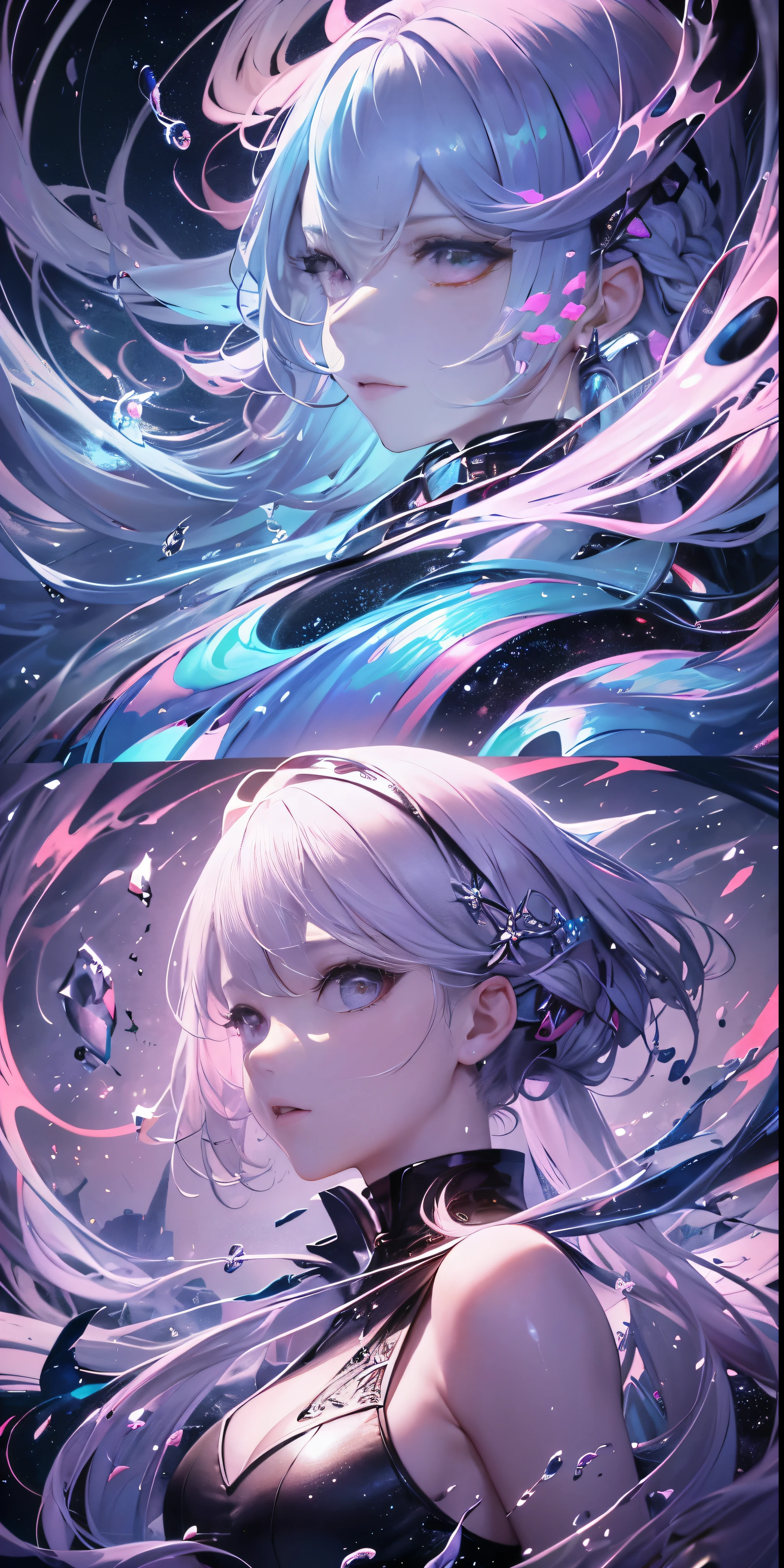 (masterpiece, highest quality, highest quality,watercolor )(Moderately),official art, beautiful and aesthetic:1.2),(1 girl:1.3), (fractal art:1.3),Upper body, From the side, looking at the viewer,pattern,(rainbow color hair,colorful hair,half blue and half pink hair:1.2),water,liquid, cloud,colorful, Starry,performer,close, big eye, eye, complex eye, unique student, Unusual pupils,Starry sky, performer in the background, shining halo,((Ultra-detailed retina:1.5)),embarrassing, (abdomen),((ultra detail eye:1.5)),((Highly detailed CG Unity 8K wallpaper,masterpiece, highest quality)), ((Super detailed:1.5)),(best illumination, best shadow, very delicate and beautiful),(Highly detailed CG Unity 8K wallpaper,masterpiece, highest quality, Super detailed),(best illumination, best shadow, very delicate and beautiful),(perfect body: 1.5),(masterpiece), Amazingly surreal, Abstract imagination, dynamic movement, digital art, otherworldly, bursts of color, explosive energy, chaotic beauty, (Figure 1 - Ambiguous Gender), (flowing hair:1.2, hair shines), (the body is distorted:1.5, Fragmented body), (The face is hidden:1.2, Half hidden), (background: internal, pink々Became, fractured), (light: flickering, ripple, radioactive).