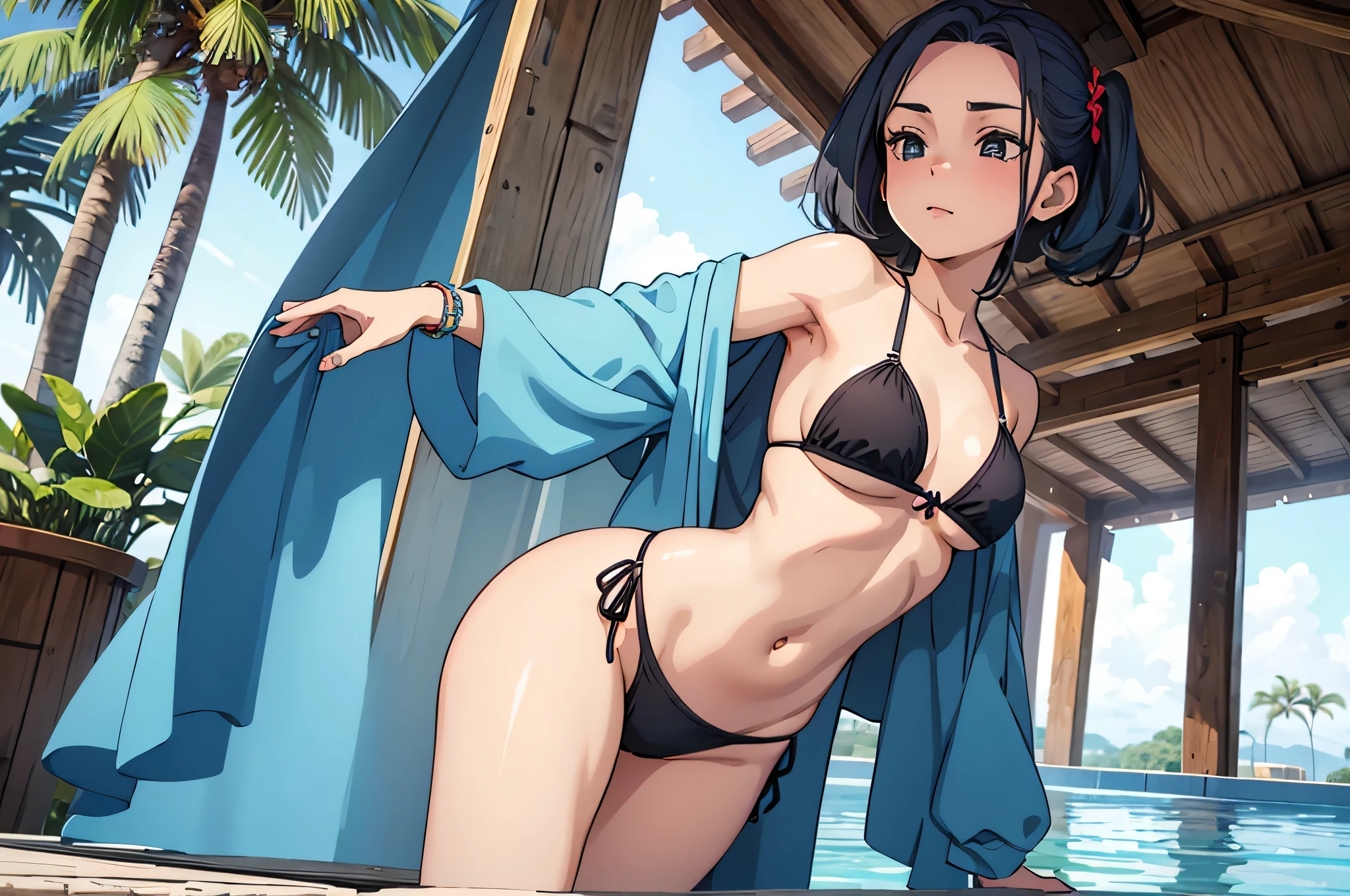 obra-prima, melhor qualidade, solo girl, 1girl, alta qualidade, intrincado, pose, bikini, foco na bundg , piscina,