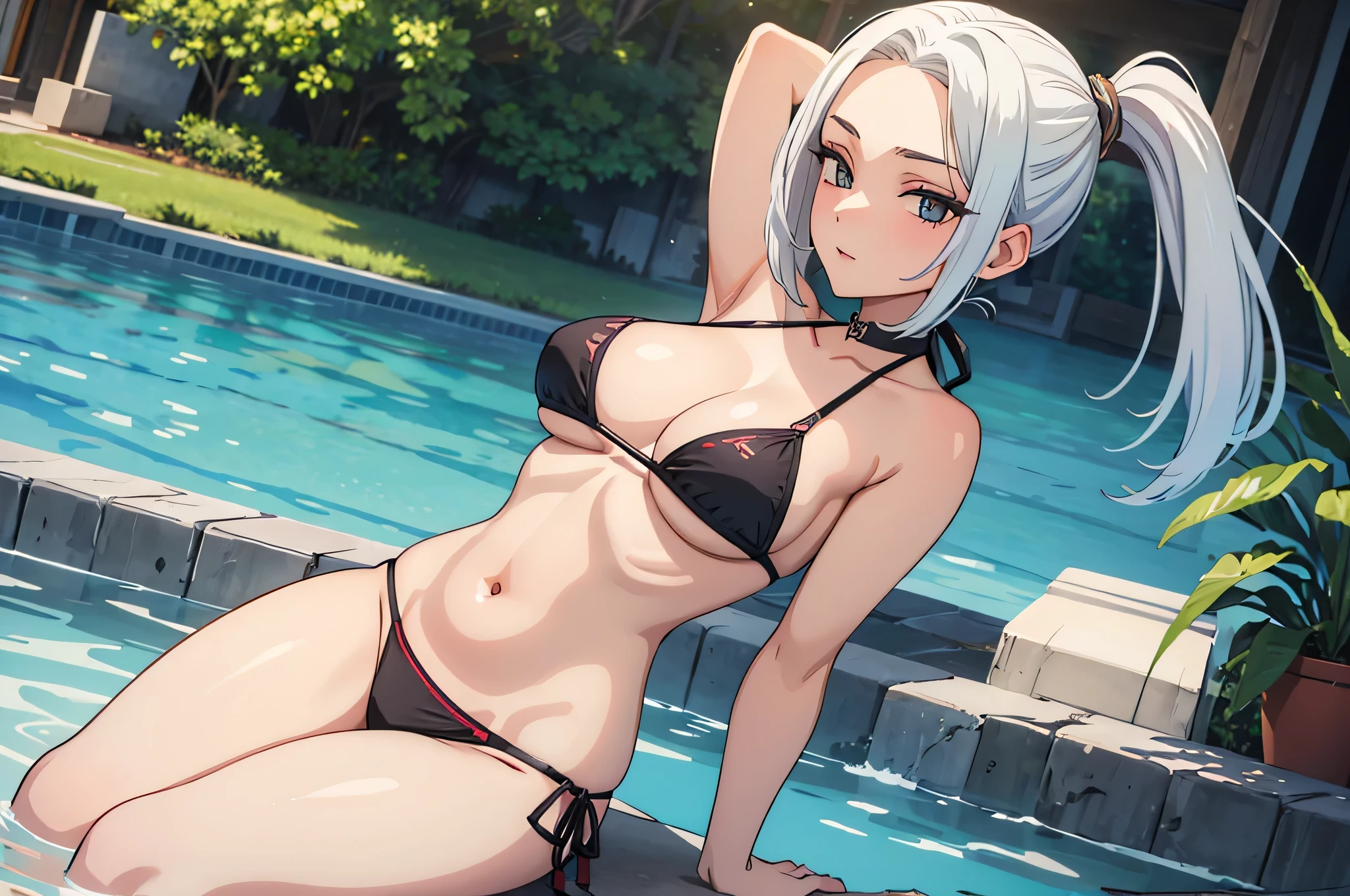 obra-prima, melhor qualidade, solo girl, 1girl, alta qualidade, intrincado, sexy pose, bikini, foco na bunda, big , piscina,