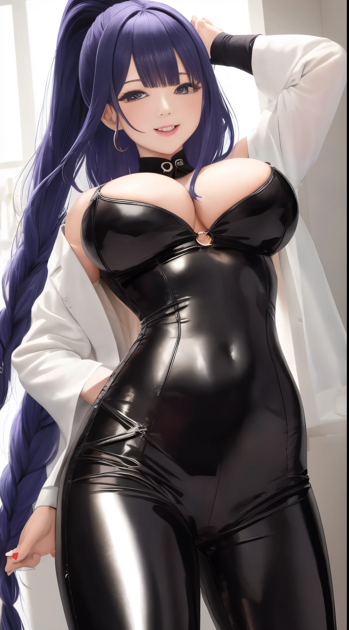 bonita chinesa,standing on her feet,Incline-se para a frente com o peito firmemente contra as pernas,unparalleled beauty,Shiny rubber pants,oversized buttocks,round buttockeautiful buttocks,upturned buttocks,Single hairstyle ponytail,cabelos pretos,pernas delgadas,salto alto,Gentle and shy face,laughing from the heart,耳Nipple Ring,colar,Correnteehind the perspective, shows off her big ass