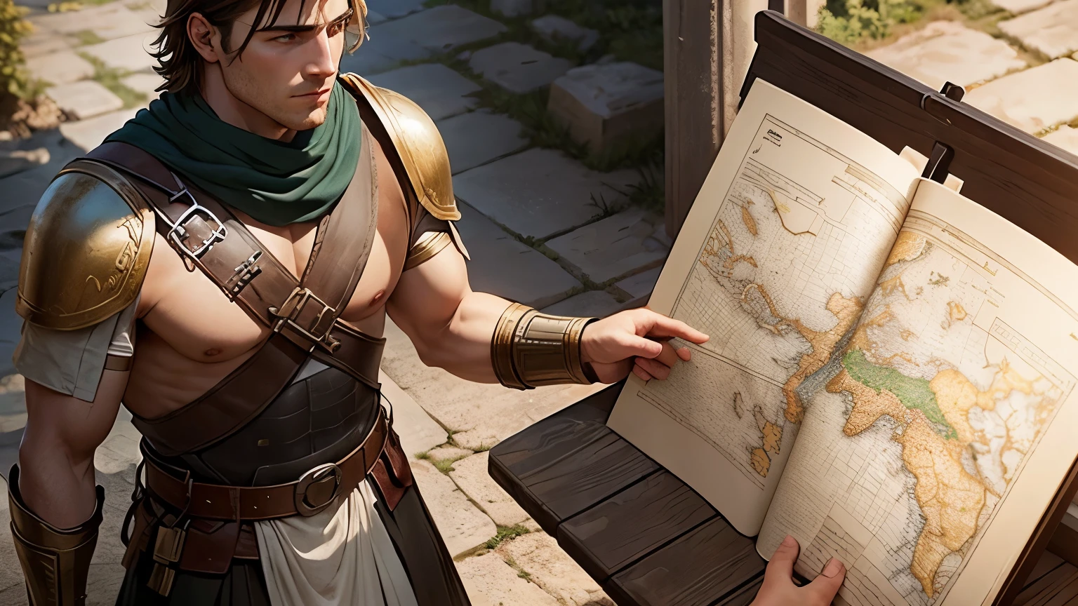Achilles with a map in his hand. He's in ancient Greece and I'm talking to some of his soldiers about a new plan