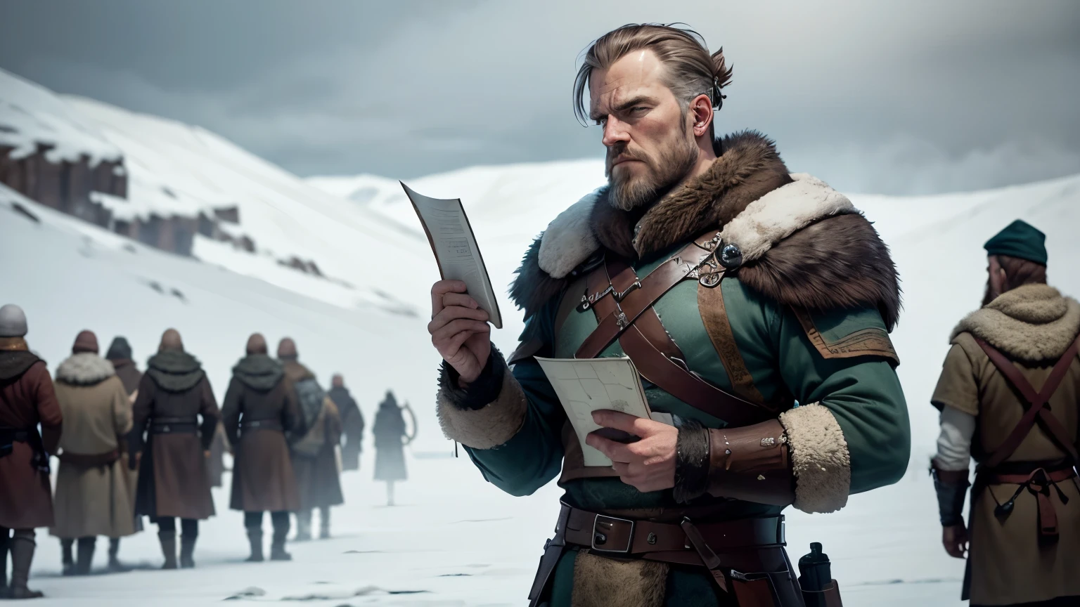 bjorn ironside with a map in his hand. he is in Viking lands in a strong winter and talks to some of his soldiers about a new plan