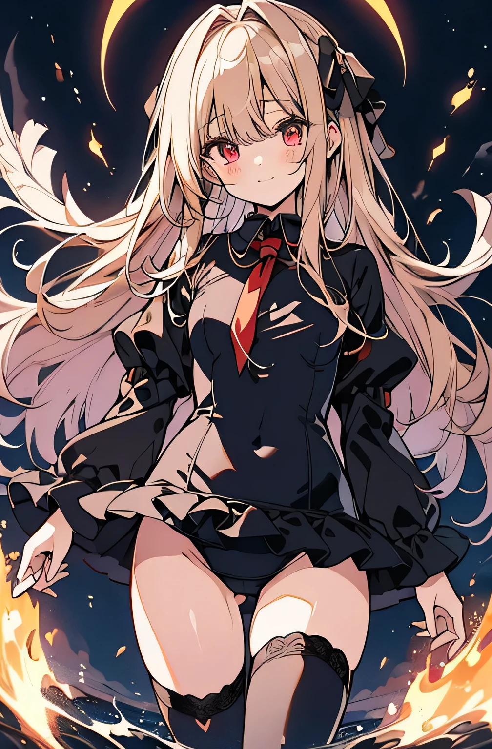 ((highest quality))、((8K))、((High resolution))、((masterpiece))、((Super detailed))、(One )、((Looking at the camera from the front))、((Photo from above the knees))、((Are standing))、golden hair shining golden、Red eyes that shine like jewels、beautiful and smooth long hair、big, Strong eyes、A triumphant smile、((Perfect and beautiful fingertips))、(Deep dark color school swimsuit)、Gothic ta with a noble atmosphere、(black stockings)、floating、moonlight、moonlight、Western cityscape、fluttering hair、Bewitching atmosphere