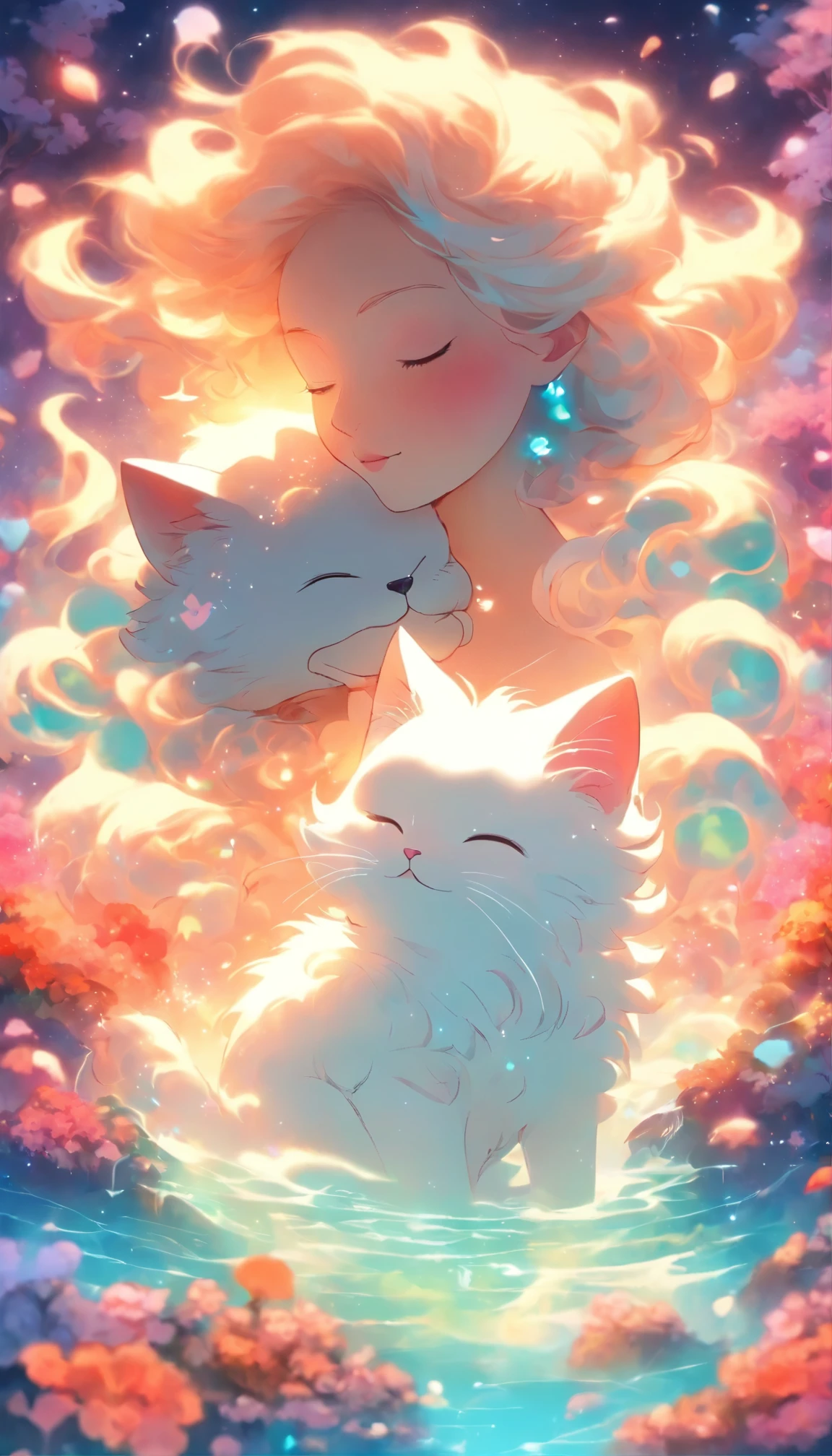 there is a dog kissing a white kitty beeple and jeremiah ketner, dreamy art, by Lucia Peka, beautiful art, dog as a god, dreamlike art, beautiful image ever created, gorgeous art, dreamlike surrealism, absolutely outstanding image, beeple!!, very very surreal, very very beautiful furry art, fantasy fox love
