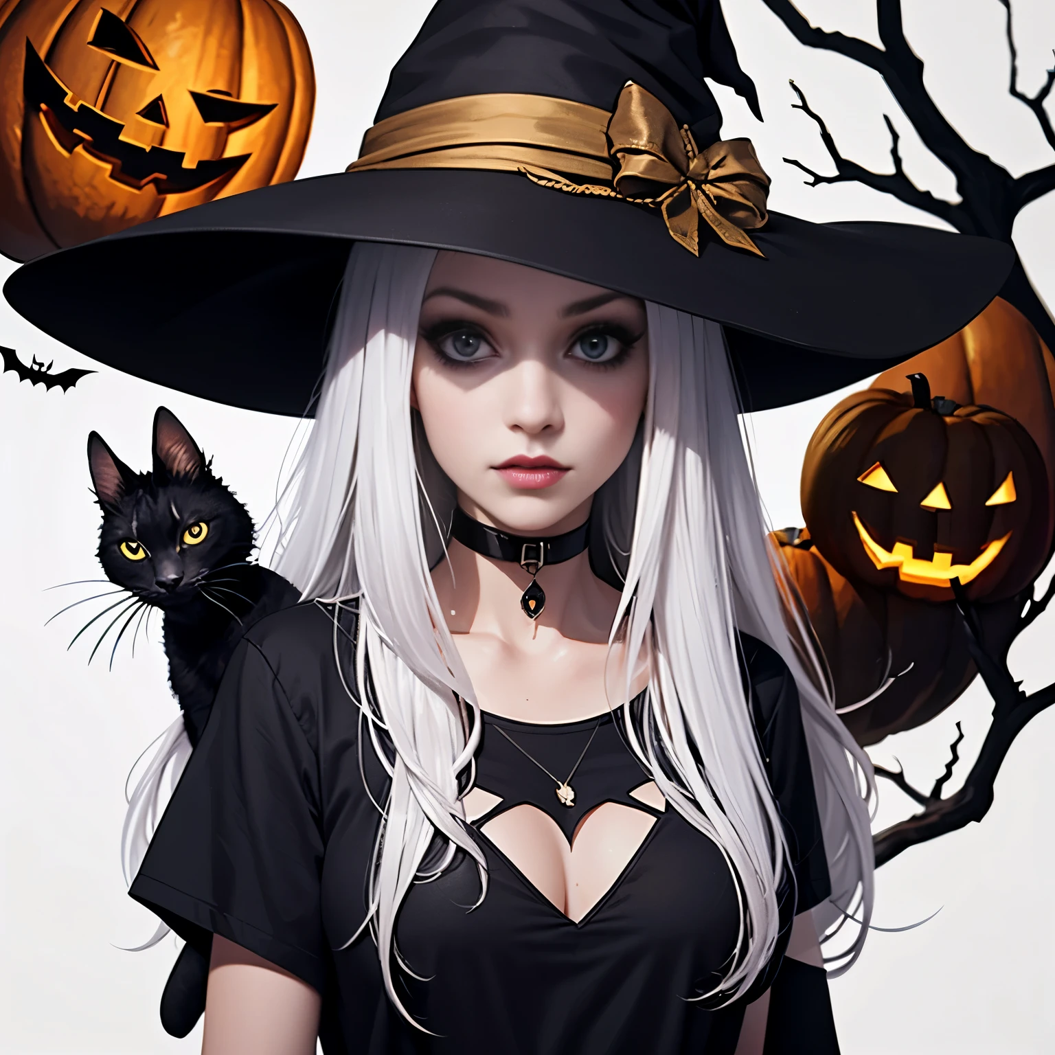 1girl, imagem de estilo vetorial de design de alta qualidade, t shirt printing style, white background graphic art of a witch in Halloween style, cores brilhantes e realistas, Old style witch with a pointy hat, nariz com uma verruga e um gato preto ao seu lado, halloween fantasy style scenery,