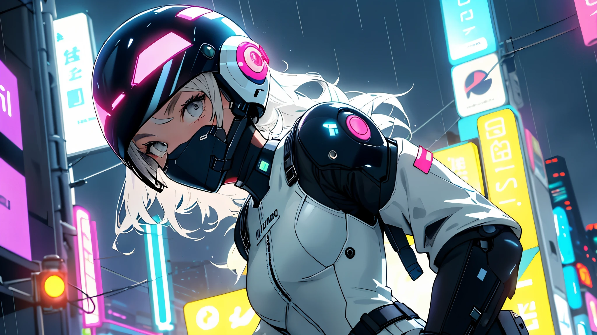 portrait, 1 robotic girl, beautiful face, belt, bodysuit, covered mouth, covered navel, futuristic helmet, detached sleeves, grey eyes, hip vent, open jacket, cute, look at viewer, night city, neon, rainy,