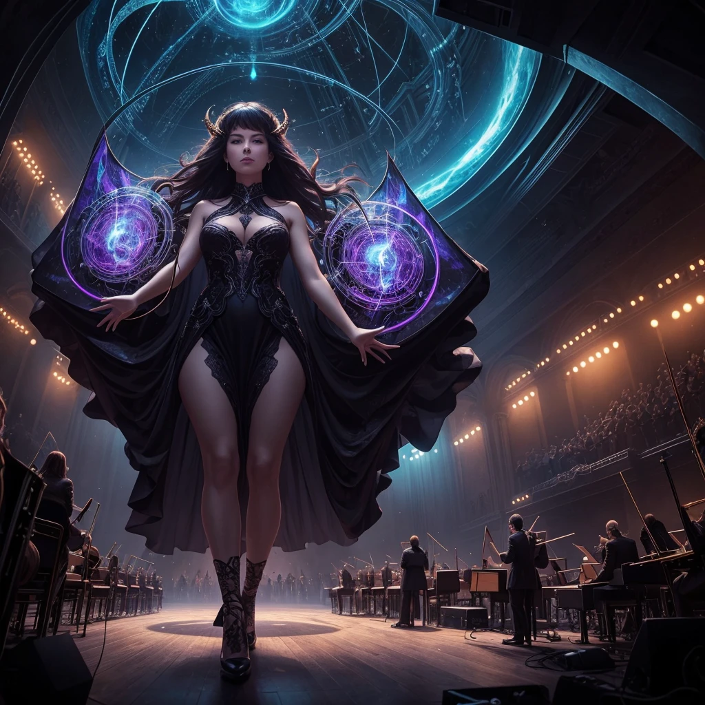 A breathtaking album cover illusion, encapsulating a musical odyssey comprised of dark synth and orchestral tones that gradually escalate into a mighty fusion. Witness the transcendence of ethereal women's vocals, thunderous drums, and electrifying riffs. Introducing colossal cinematic drums that resonate in the depths of your soul, an electric guitar that sizzles with passion, and an uplifting melody that soars above it all.Engulfed in the fantastical realm, the orchestra conductor conjures forth a symphony of horns, brass, and strings, crescendoing into an enchanting choral