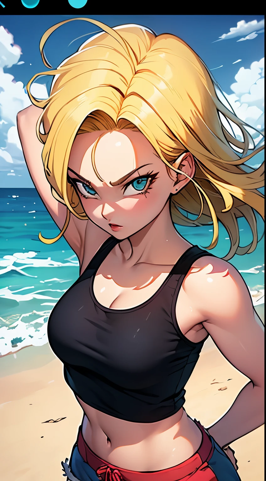 Android 18 DBZ + surfer girl on the beach in mini shorts and a low-cut tank top, all attractive in real life, full HD cinema quality, perfect features in anine 2.5D estilo GTA, strong strokes of 6B colored pencil in crayon