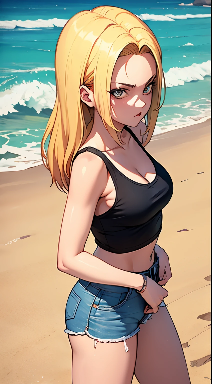 Android 18 DBZ + surfer girl on the beach in mini shorts and a low-cut tank top, all attractive in real life, full HD cinema quality, perfect features in anine 2.5D  estilo GTA, strong strokes of 6B colored pencil in crayon 