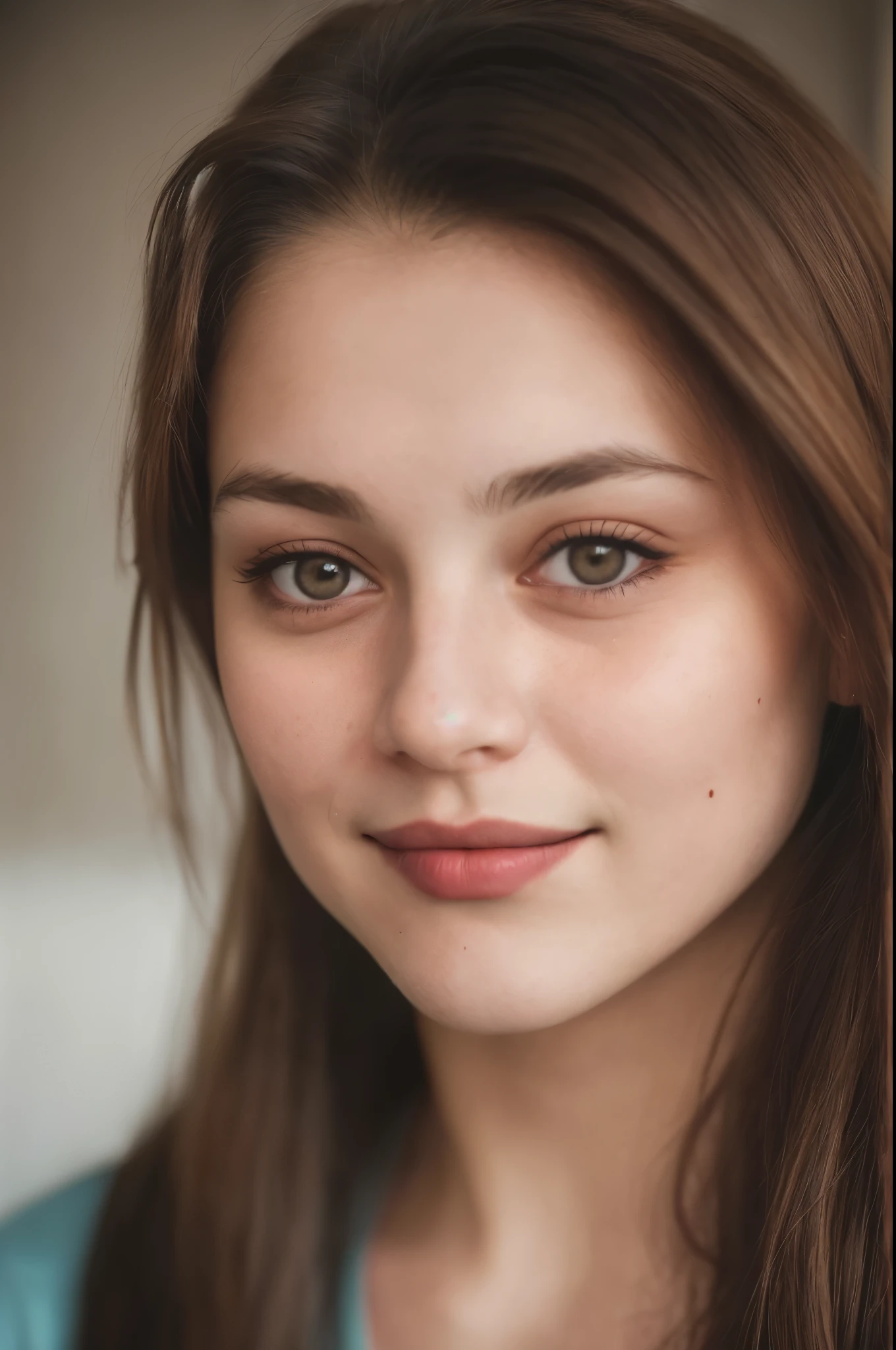 (Nahaufnahme, editorial photograph of a 21 year old woman), (Sehr detailliertes Gesicht:1.4) (Smile:0.7) (Hintergrund innen dunkel, launisch, privates Studium:1.3) POV, von Lee Jeffries, Nikon D850, Filmarchivfoto ,4 Kodak Portra 400 ,Kamera f1.6 Objektiv ,Satte Farben ,hyperrealistisch ,Lebensechte Textur, dramatische Beleuchtung , Cinestill 800,