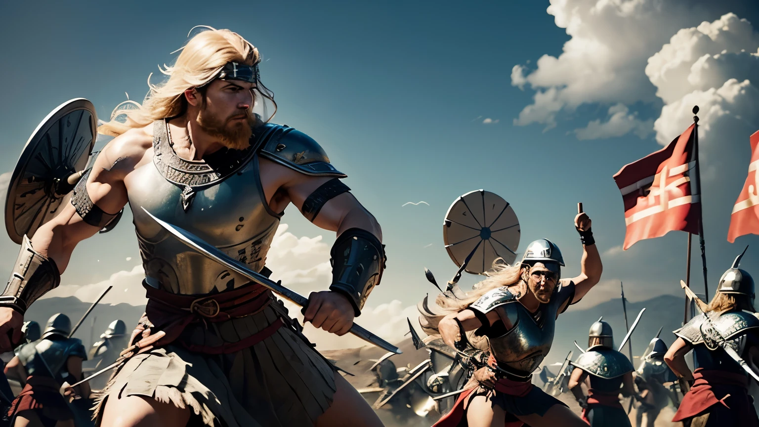 The Vikings advance, their shields and spears glinting in the sun. The Greeks defend themselves, their swords and spears cutting through the air. bloody battle