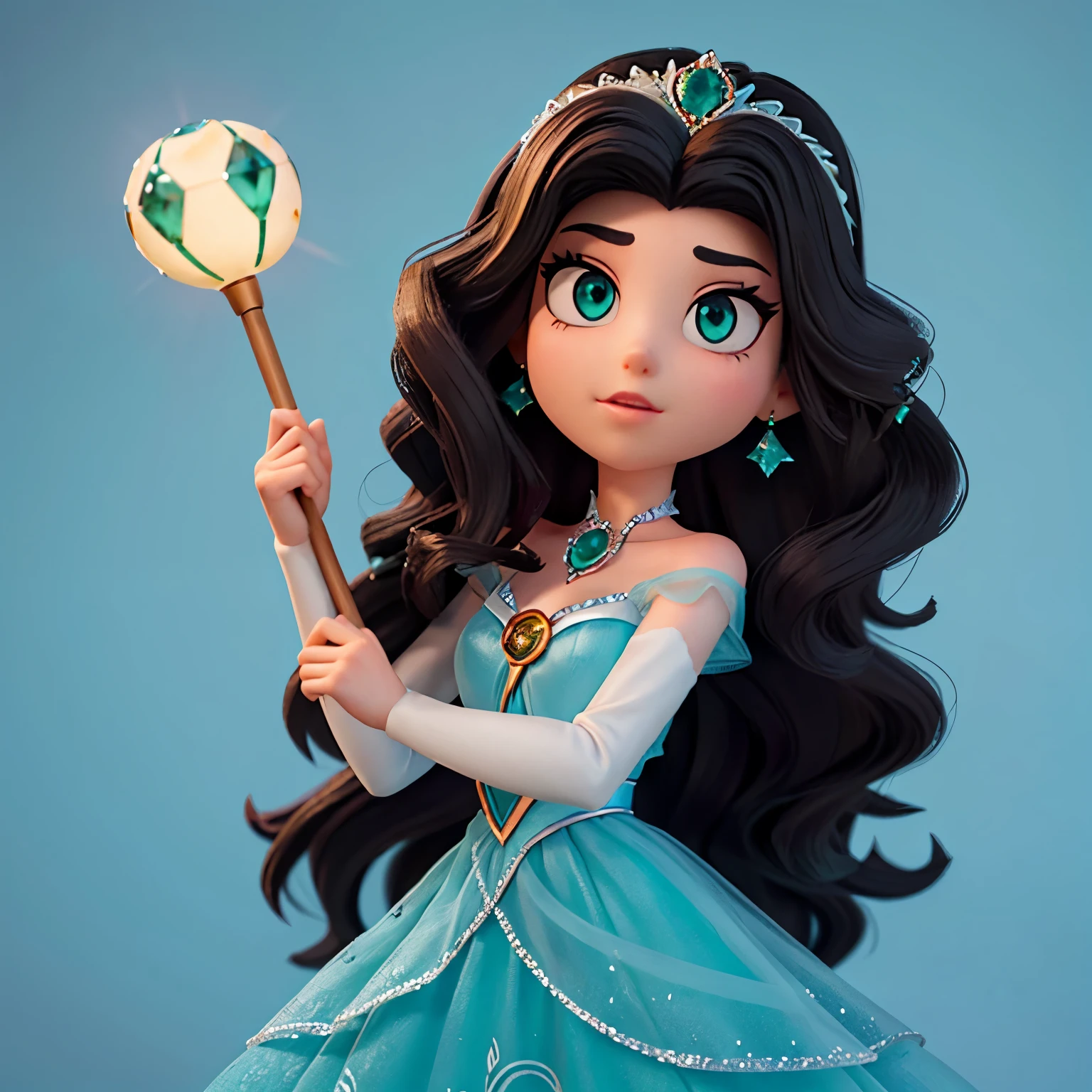 Create a Pixar-style princess with long black wavy hair and piercing emerald eyes. She looks like Elsa