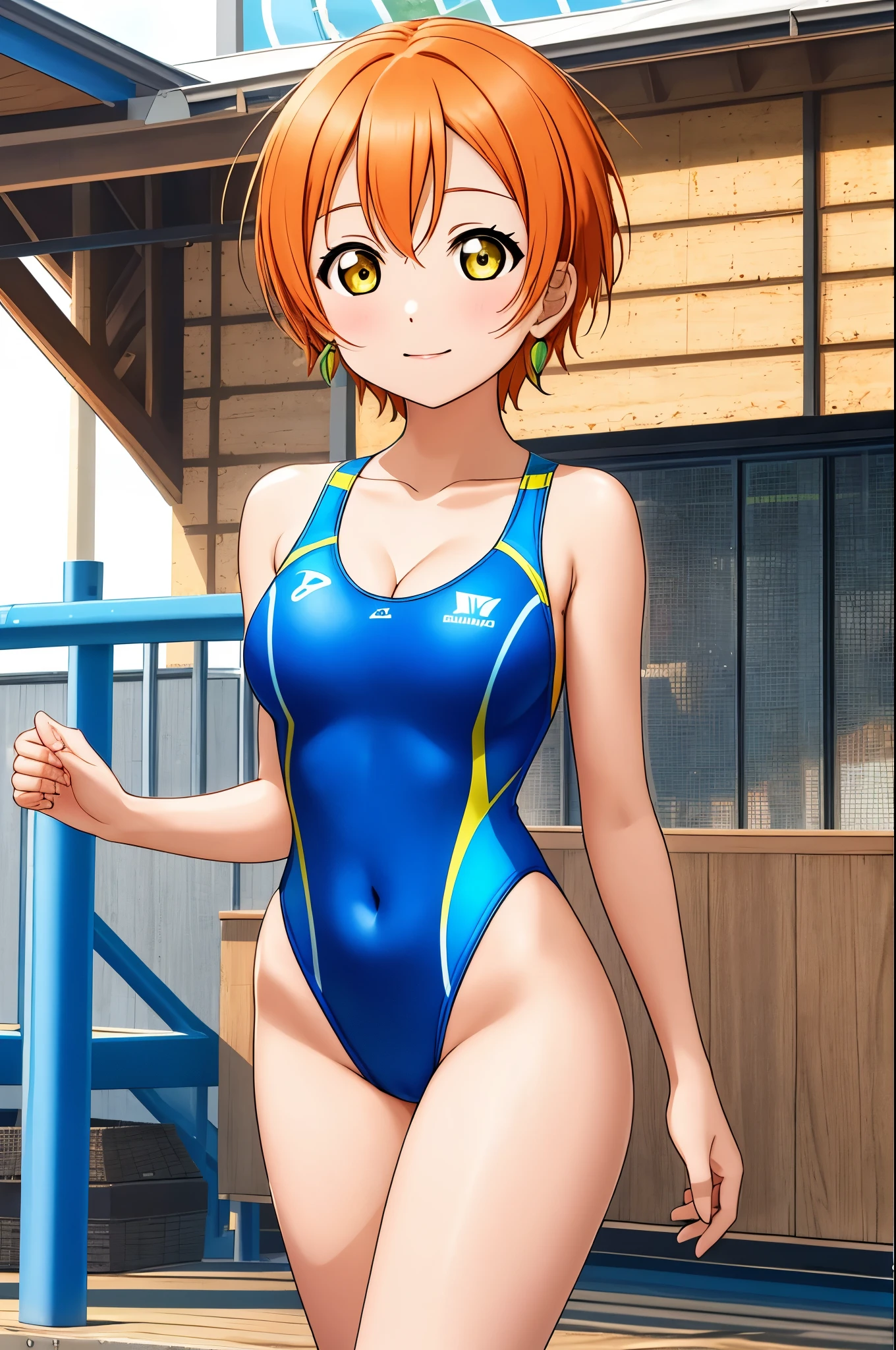 masterpiece, best quality,(hoshizora rin:1.000), yellow eyes, orange hair, breasts, looking_at_viewer, cleavage, medium_breasts, standing, collarbone, swimsuit, cowboy_shot, one-piece_swimsuit, covered_navel, highleg, competition_swimsuit, blue_one-piece_swimsuit, highleg_swimsuit,