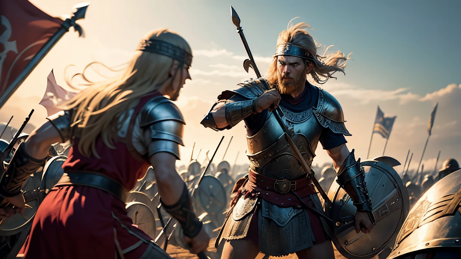 The Vikings advance, their shields and spears glinting in the sun. The Greeks defend themselves, their swords and spears cutting through the air. bloody battle