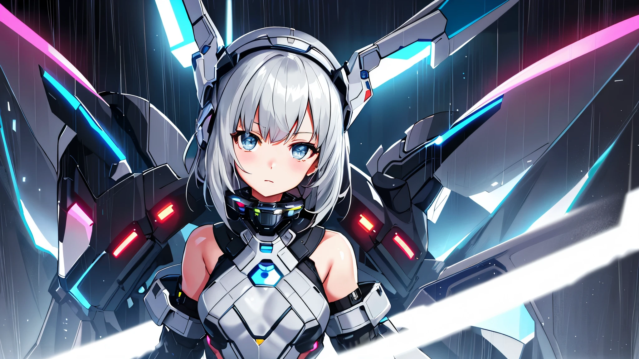 portrait, 1 robotic girl, naked, beautiful face, belt, covered mouth, open navel, futuristic helmet, detached sleeves, grey eyes, hip vent, open jacket, cute, look at viewer, night city, neon, rainy,