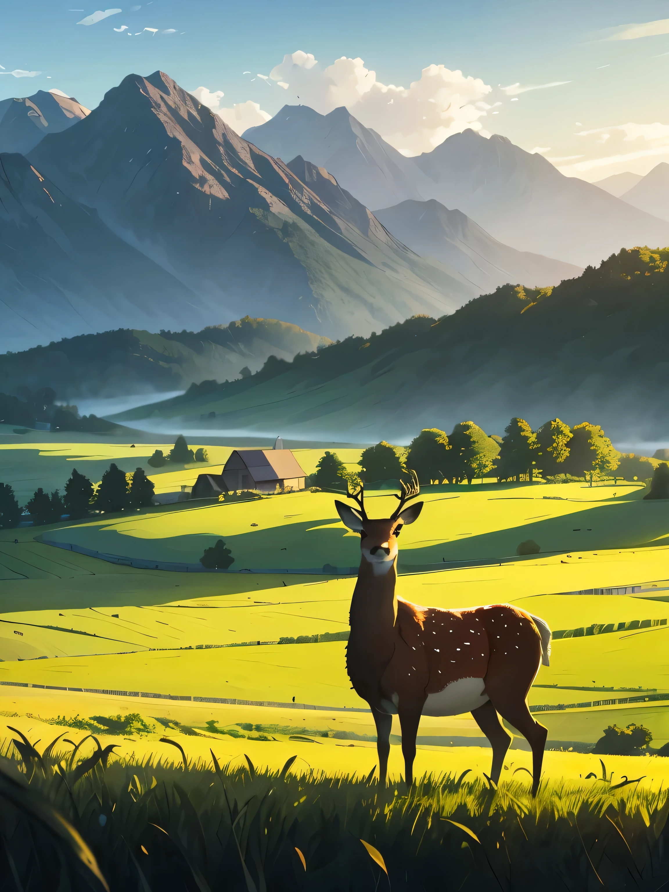 A farm with mountains in the background and a forest in the foreground. BREAK The farm has meadows and wheat fields that blow in the wind. BREAK From the forest in the foreground there are trees and leaves at the edge of the picture. BREAK From the edge of the forest a doe is looking at the farm