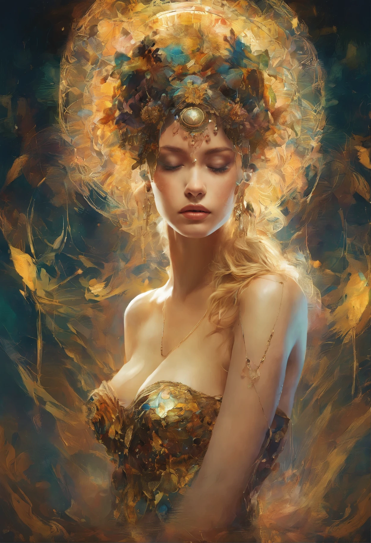 Une centralisation parfaite, Des particules fantastiques, plaisir, La position debout, Beauté abstraite, centre, En regardant la caméra, Face à la caméra, proche de la perfection, dynamique, très détaillé, graines, netteté, 8K, Une haute résolution, illustration, illustrations de Carne Griffiths et Wadim Kashin, Un arrière-plan aux traits distincts, Fond avec la couleur d'or, tons dorés, Fond de nébuleuse d'encre dorée, Fille de 25 ans avec une apparence sexy, yeux couleur miel, cheveux couleur brune, Longue et belle, Fantastique jupe courte noire, La forme du physique athlétique, extrêmement détaillé,Particules dissipées dorées, déesse mythologique, femme épique, bijoux antiques dorées, magie cosmique, Athena