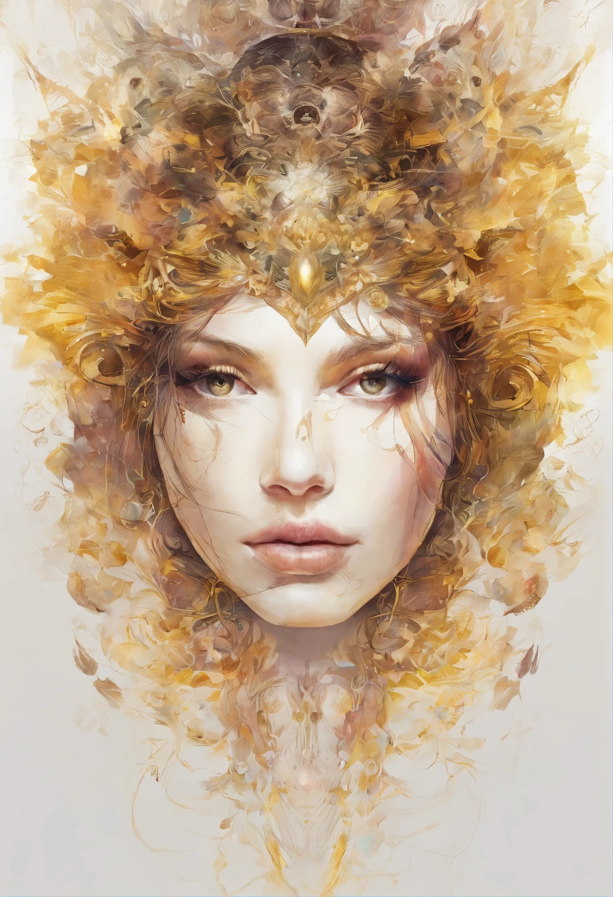 Une centralisation parfaite, Des particules fantastiques, plaisir, La position debout, Beauté abstraite, centre, En regardant la caméra, Face à la caméra, proche de la perfection, dynamique, très détaillé, graines, netteté, 8K, Une haute résolution, illustration, illustrations de Carne Griffiths et Wadim Kashin, Un arrière-plan aux traits distincts, Fond avec la couleur d'or, tons dorés, Fond de nébuleuse d&#39;encre dorée, Fille de 25 ans avec une apparence sexy, yeux couleur miel, cheveux couleur brune, Longue et belle, Fantastique jupe courte noire, La forme du physique athlétique, extrêmement détaillé,Particules dissipées dorées, déesse mythologique, femme épique, bijoux antiques dorées, magie cosmique, Athena