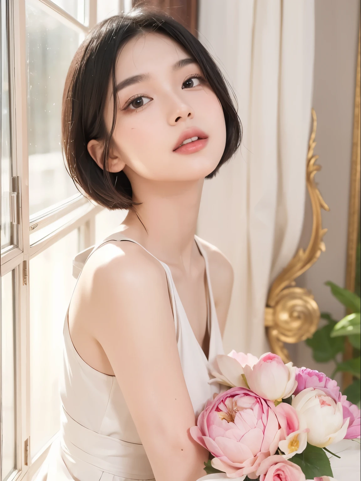 (Best quality, 8k, 32k, Masterpiece, UHD:1.2) "Generate a captivating artwork featuring a young Japanese girl model with short, sleek black hair styled in a chic bob haircut. Envision her bathed in dramatic cinematic lighting, creating an atmosphere of allure and mystery. Emphasize a romantic aesthetic vibe, showcasing the model in a poised and elegant pose that evokes a sense of intimacy and sophistication. Utilize warm and soft tones to enhance the romantic ambiance, and consider incorporating elements like flowing fabrics or flowers to add a touch of ethereal beauty. Capture the essence of romance and beauty through the model's expression, the play of light and shadows, and the overall aesthetic, creating a visually compelling and emotionally resonant piece." lotus flower 